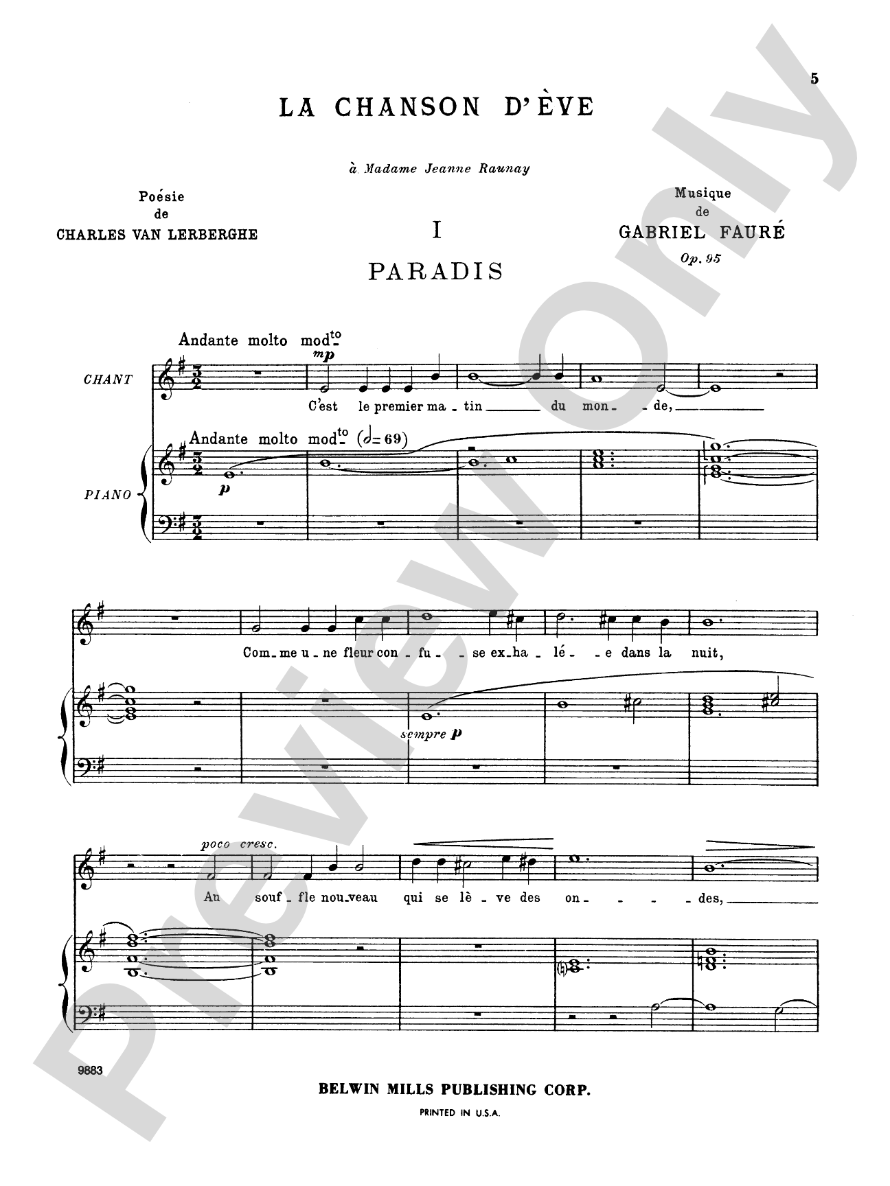 Fauré: La Chanson D'Eve (French): Vocal Book