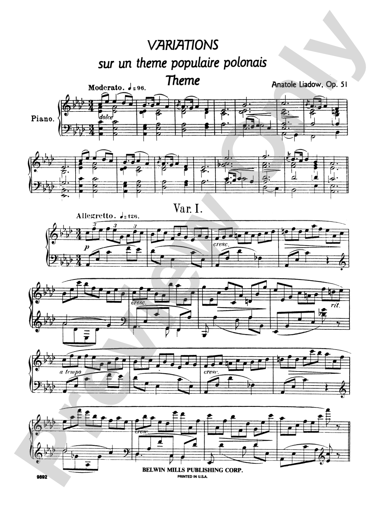 Liadov: Variations sur un Theme Populaire Polonais: Piano