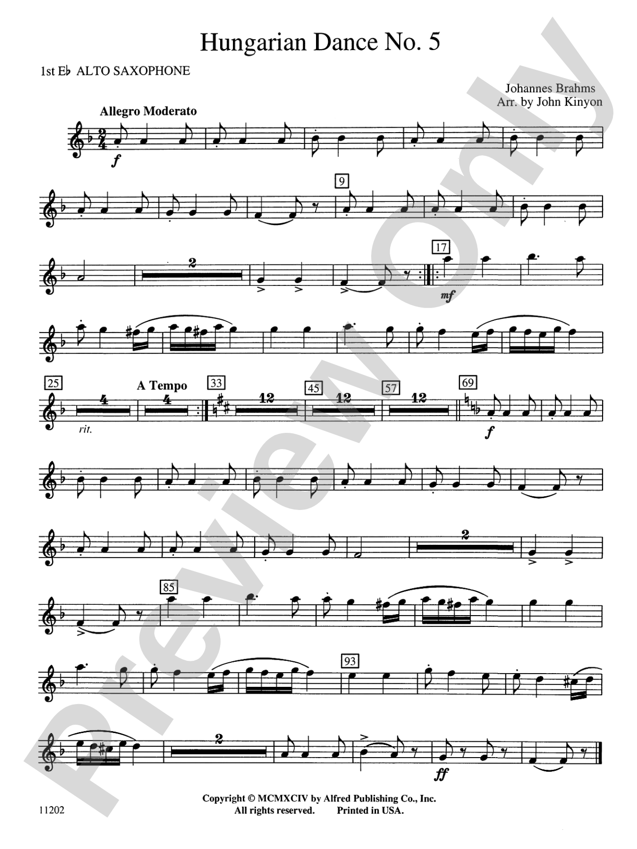 Hungarian Dance No. 5: E-flat Alto Saxophone