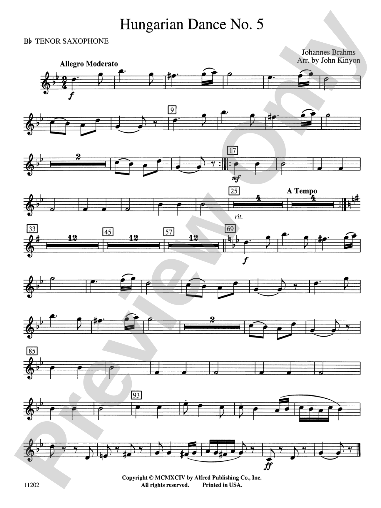 Hungarian Dance No. 5: B-flat Tenor Saxophone