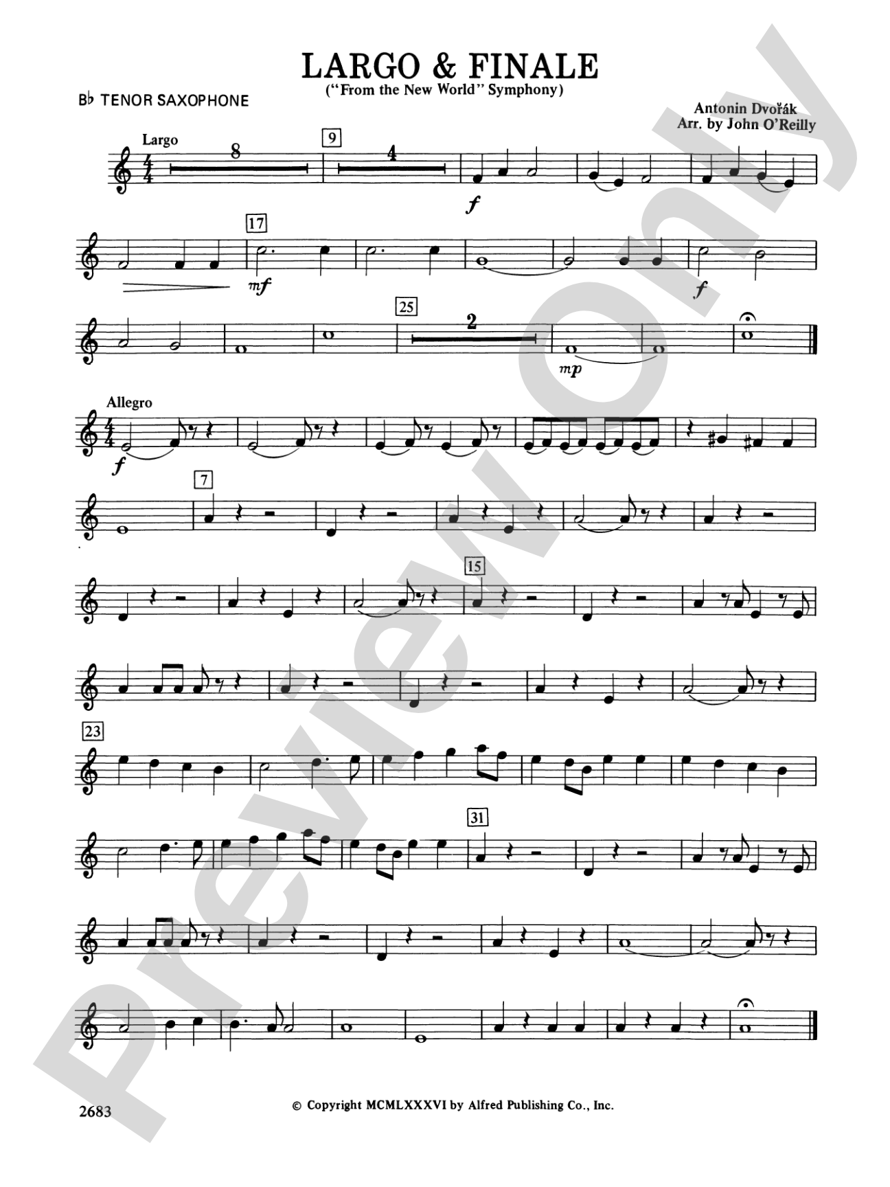 Largo and Finale from the New World Symphony: B-flat Tenor Saxophone