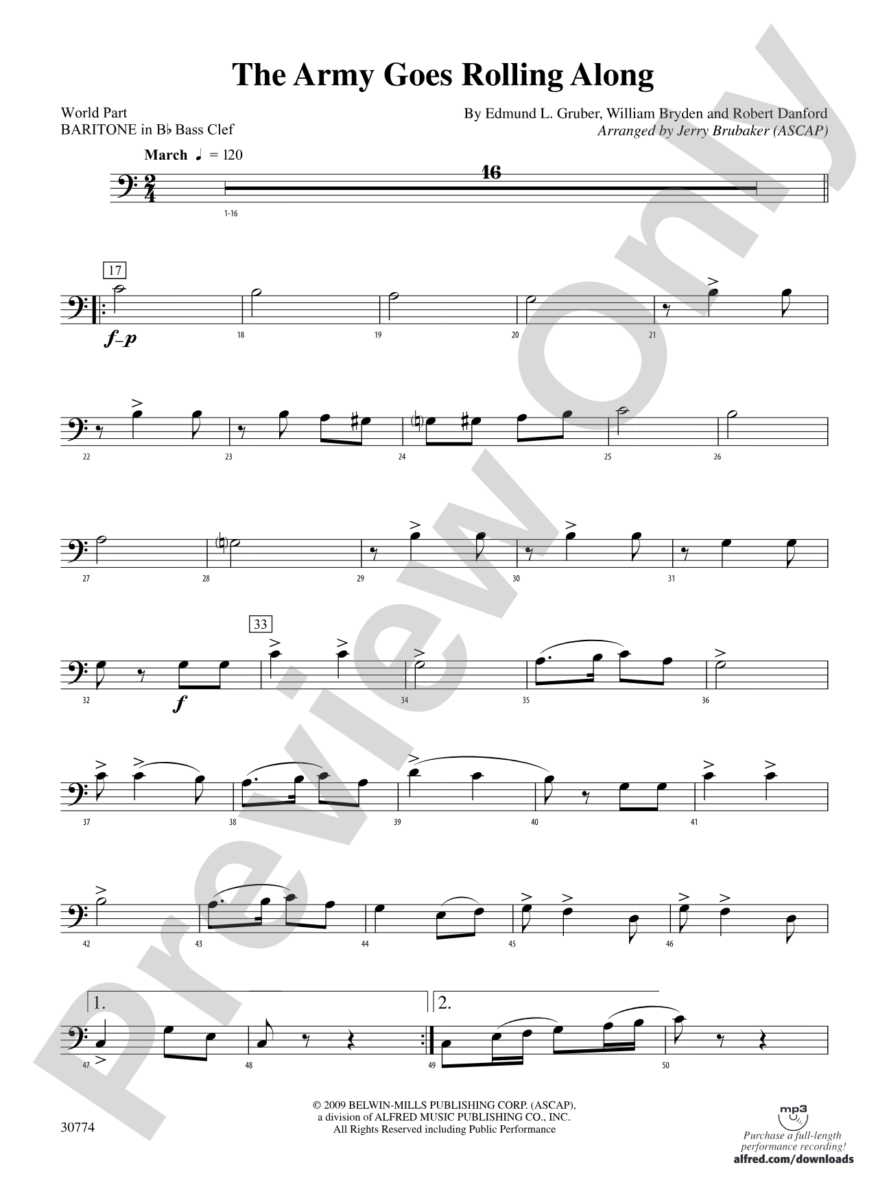 The Army Goes Rolling Along: (wp) B-flat Baritone B.C.