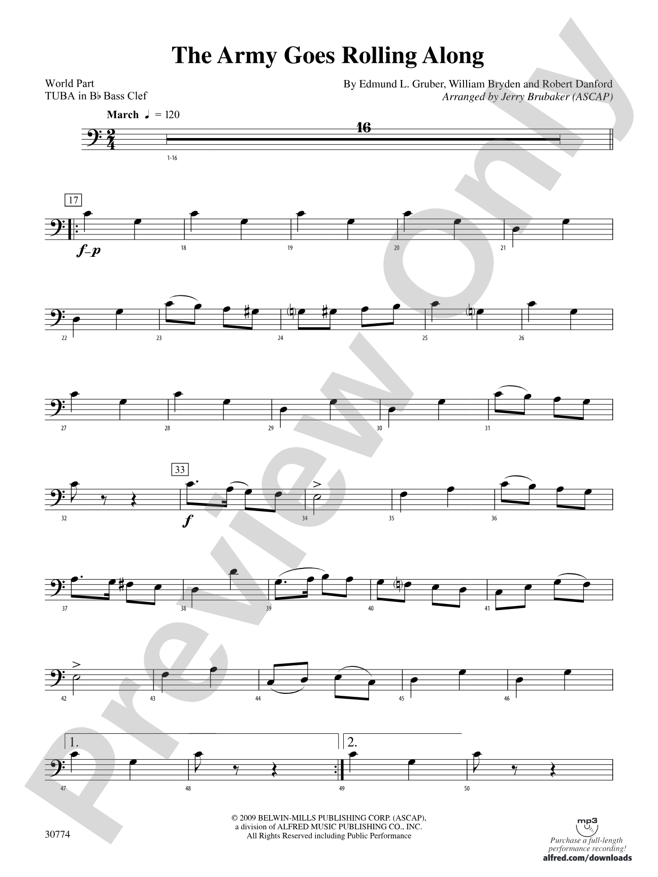 The Army Goes Rolling Along: (wp) B-flat Tuba B.C.