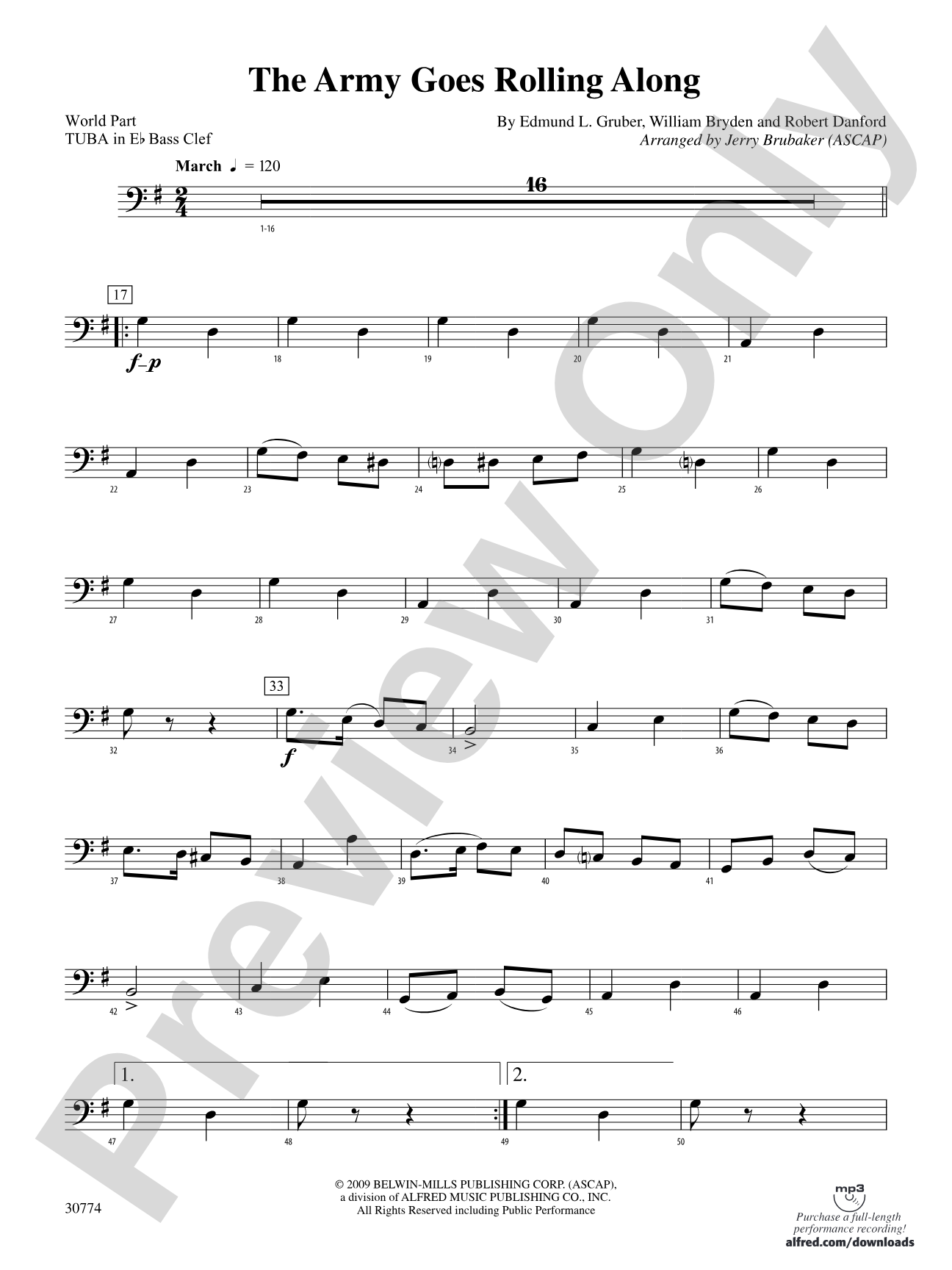 The Army Goes Rolling Along: (wp) E-flat Tuba B.C.