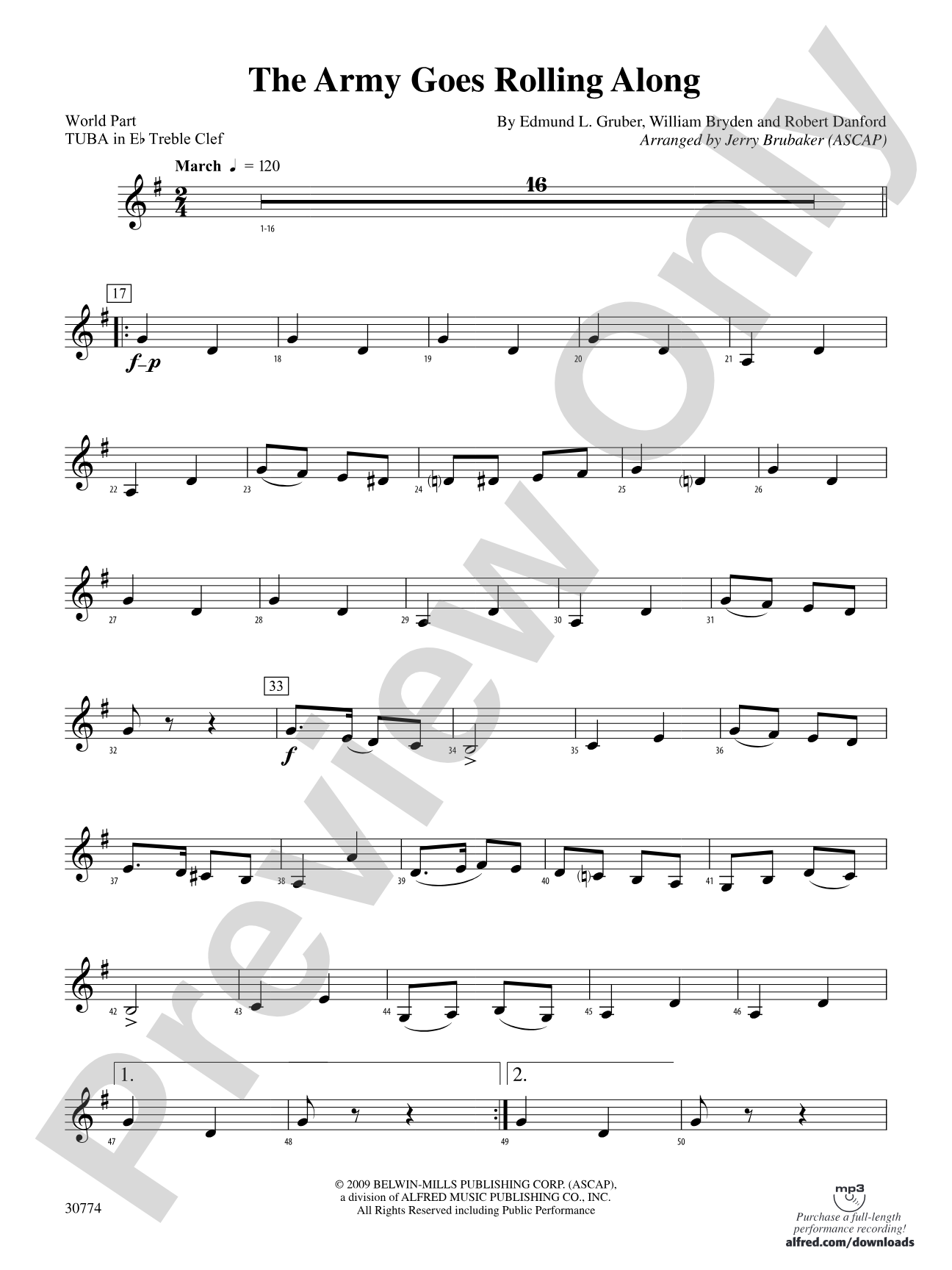 The Army Goes Rolling Along: (wp) E-flat Tuba T.C.