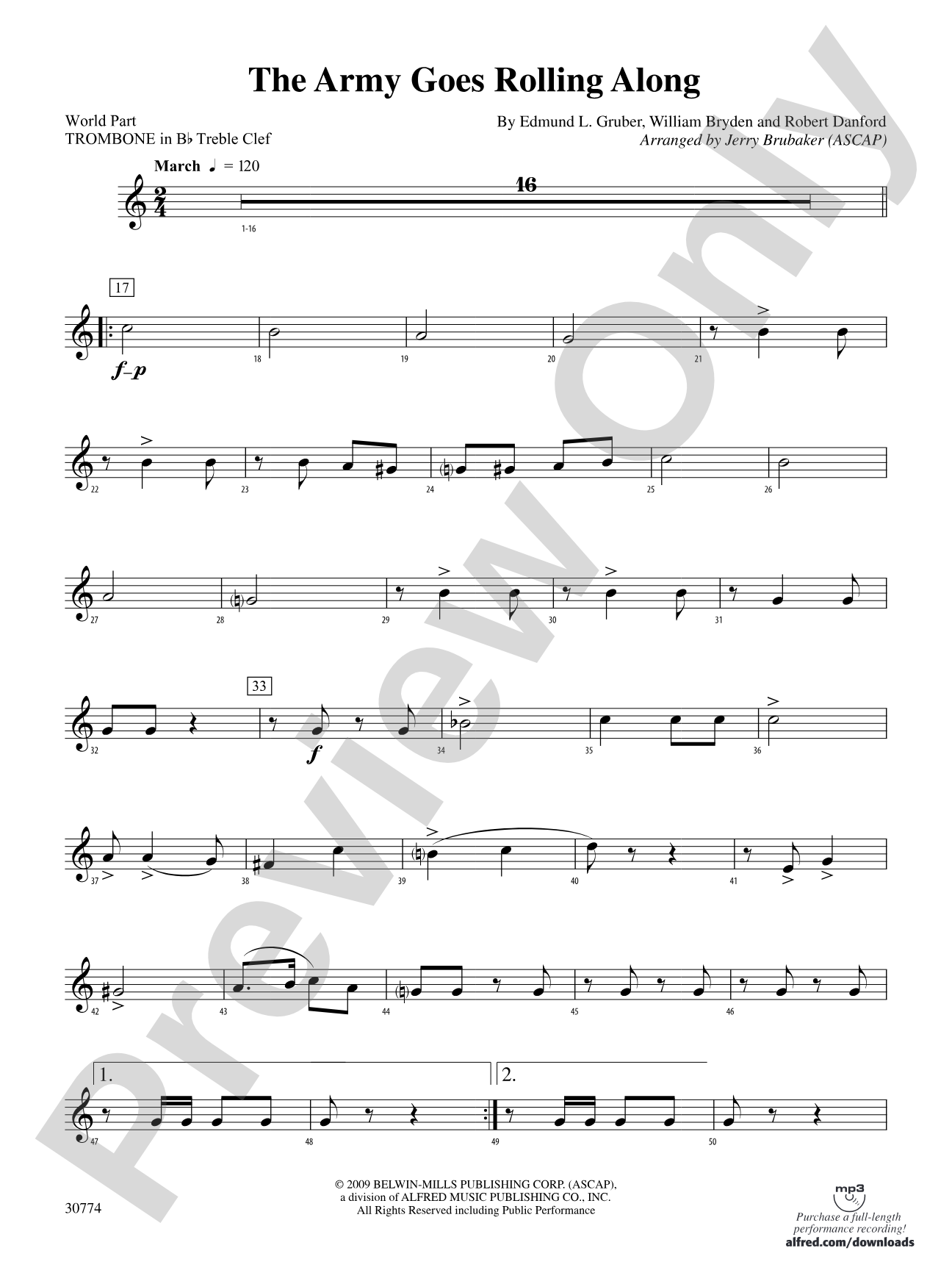 The Army Goes Rolling Along: (wp) 1st B-flat Trombone T.C.