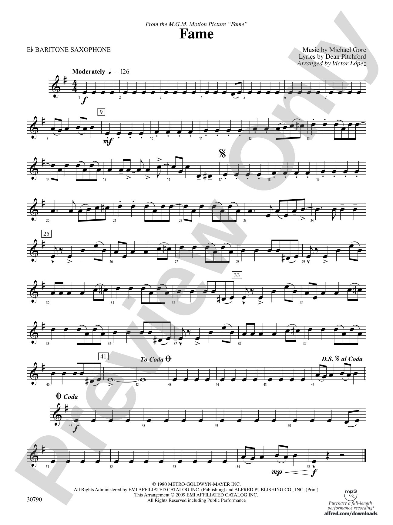Fame (from the motion picture Fame): E-flat Baritone Saxophone