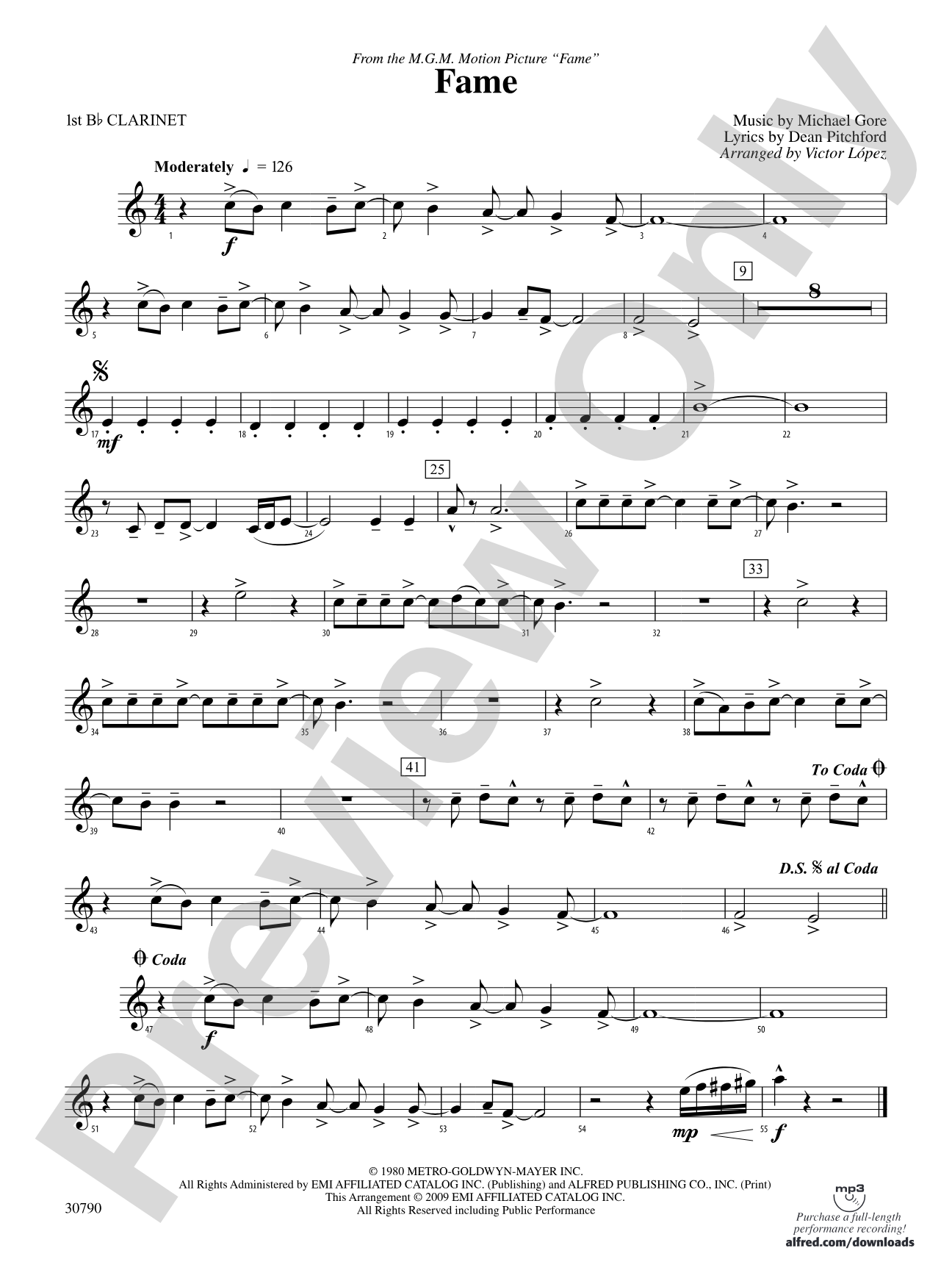 Fame (from the motion picture Fame): 1st B-flat Clarinet
