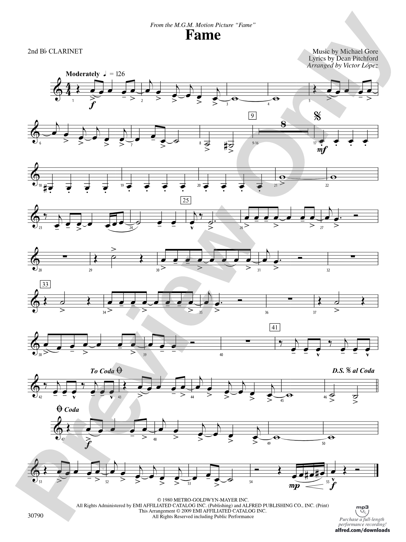 Fame (from the motion picture Fame): 2nd B-flat Clarinet