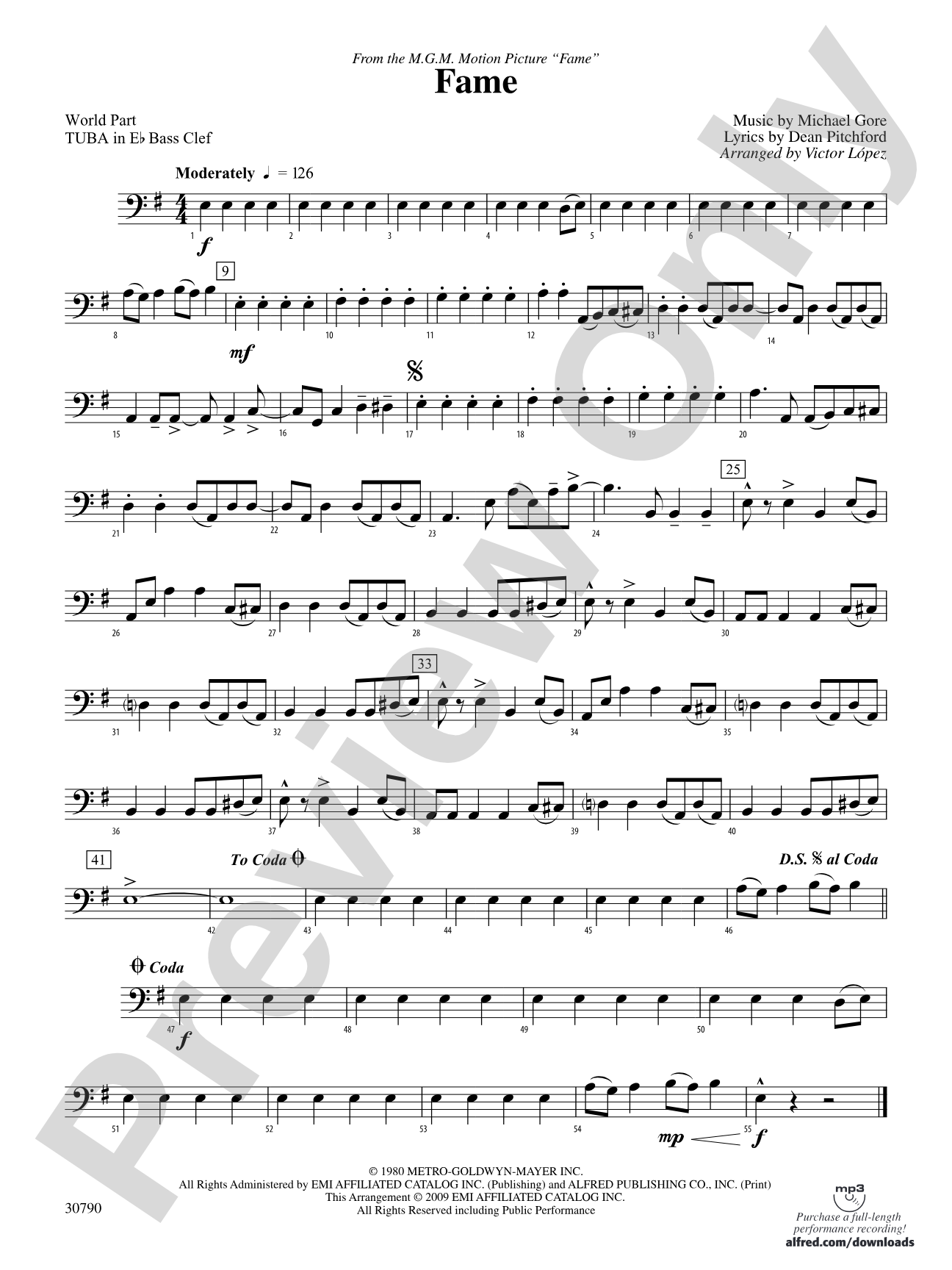 Fame (from the motion picture Fame): (wp) E-flat Tuba B.C.