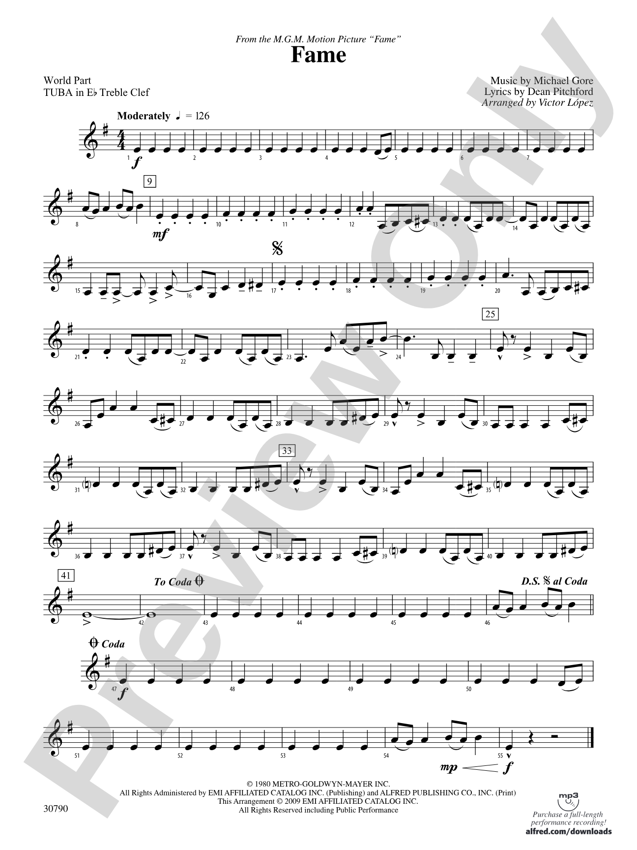 Fame (from the motion picture Fame): (wp) E-flat Tuba T.C.