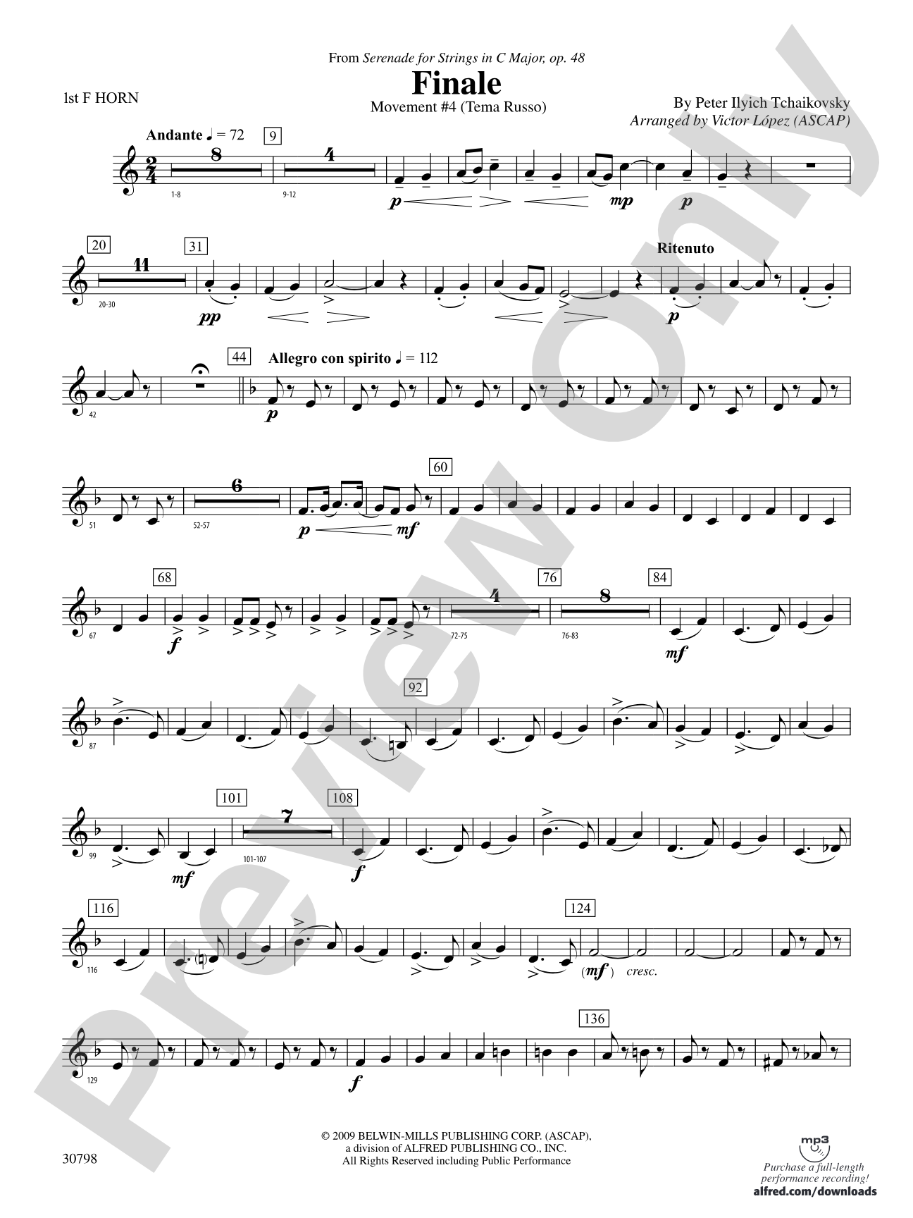 Finale (from Serenade for Strings in C Major, Op. 48, Movement #4 (Terma Russo)): 1st F Horn