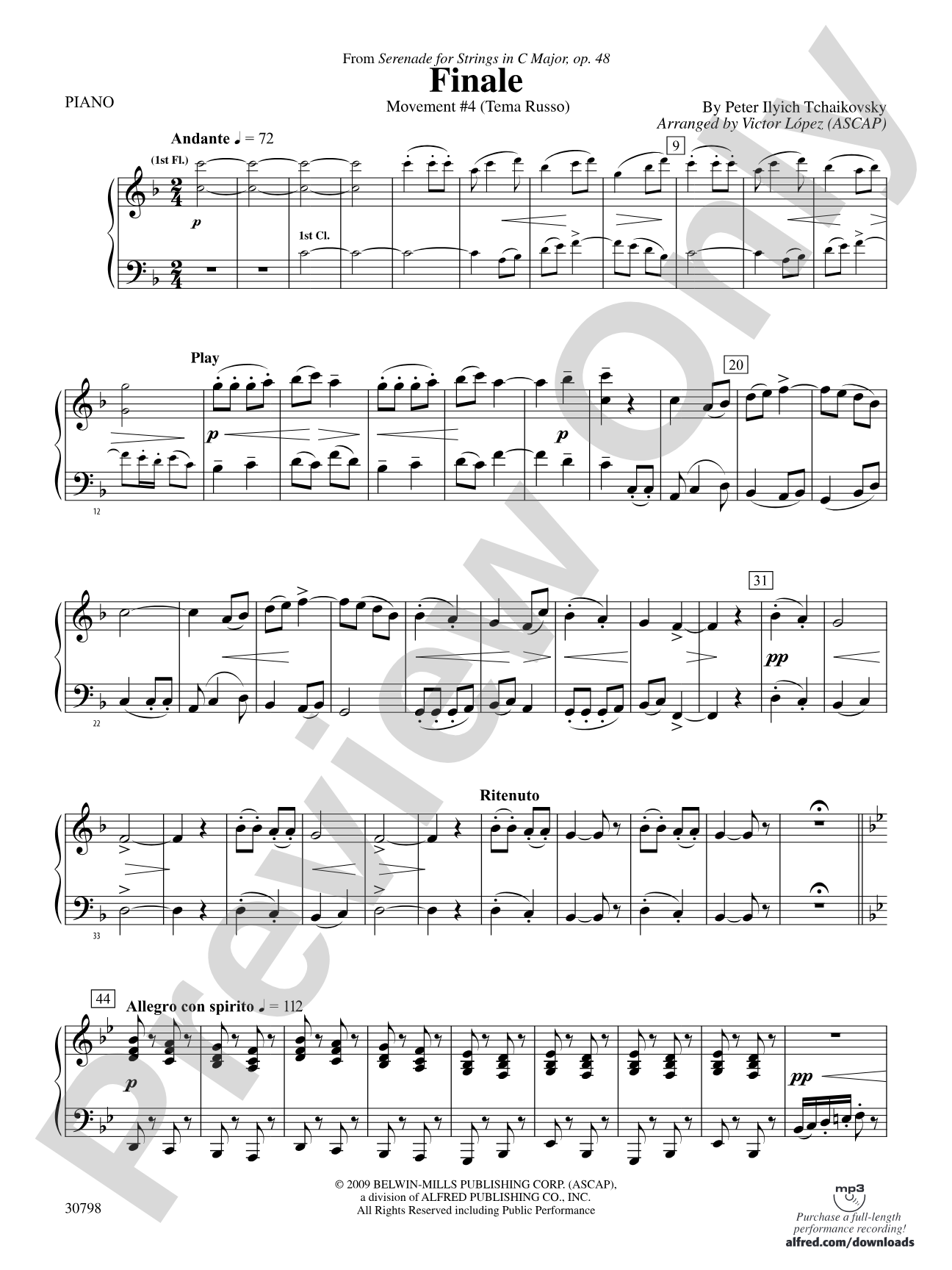 Finale (from Serenade for Strings in C Major, Op. 48, Movement #4 (Terma Russo)): Piano Accompaniment