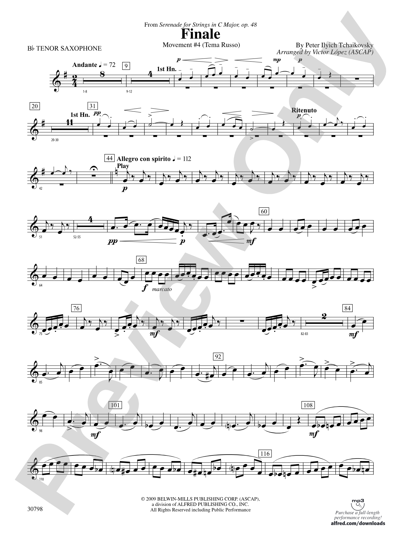Finale (from Serenade for Strings in C Major, Op. 48, Movement #4 (Terma Russo)): B-flat Tenor Saxophone