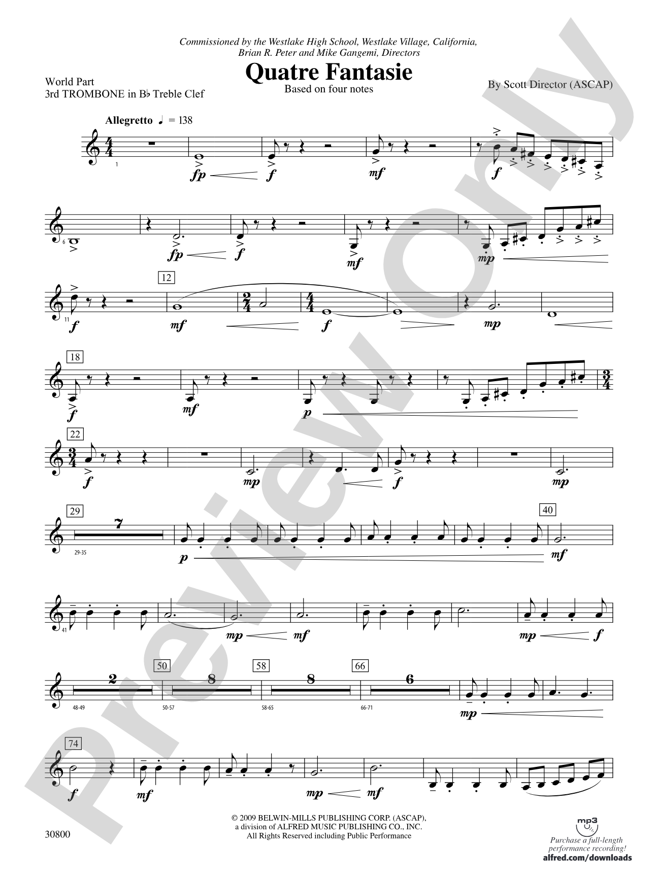 Quatre Fantasie: (wp) 3rd B-flat Trombone T.C.