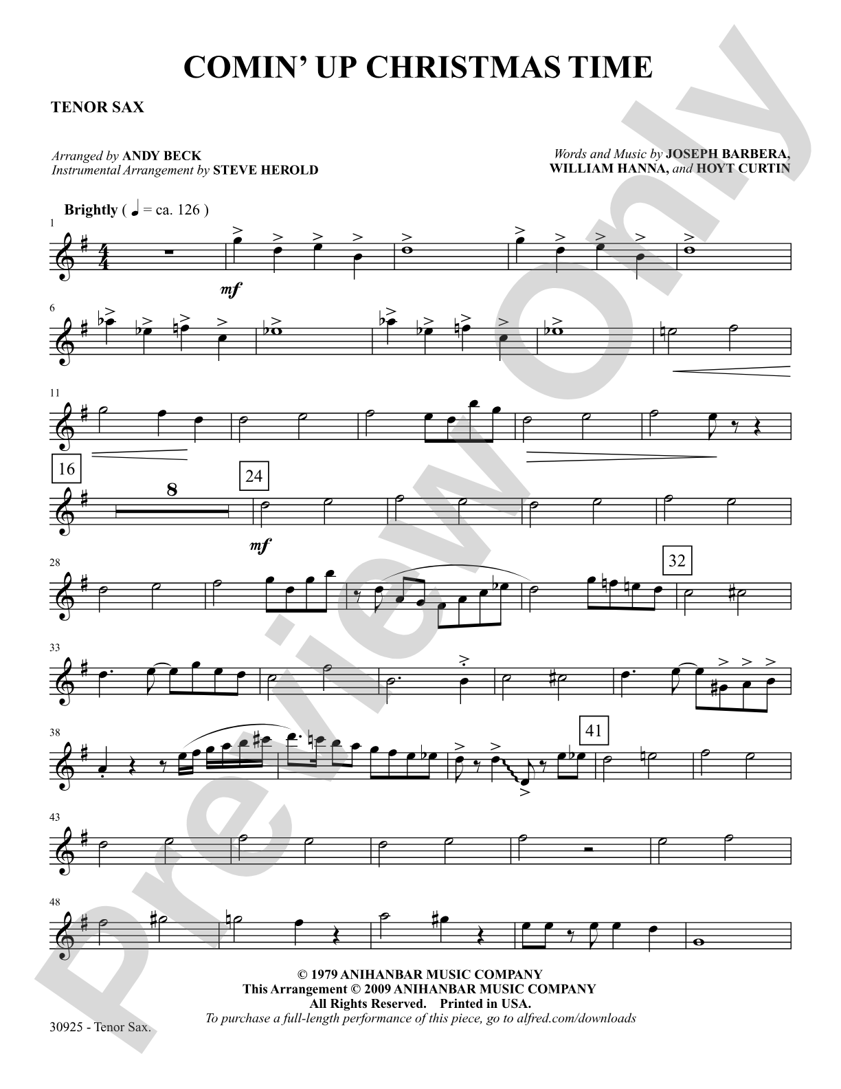 Comin' Up Christmas Time: B-flat Tenor Saxophone: Choral SoundPax