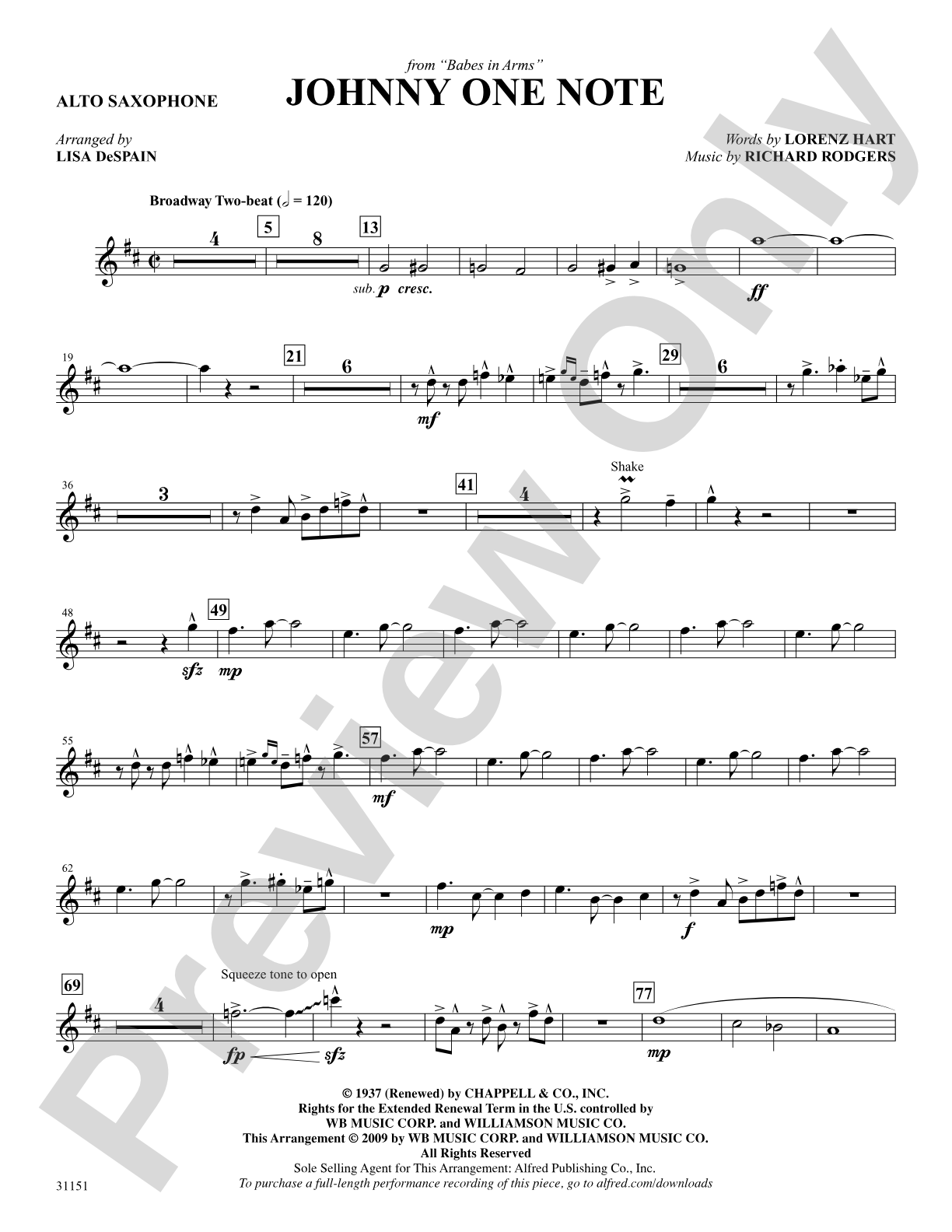 Johnny One Note (from the musical Babes in Arms): E-flat Alto Saxophone: Choral SoundPax