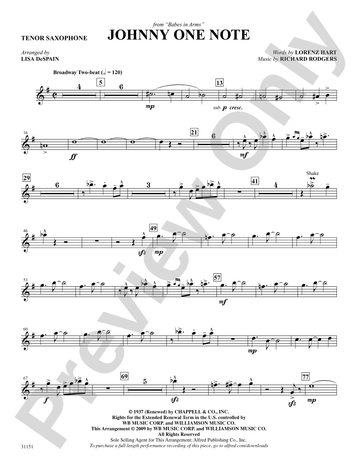 Johnny One Note (from the musical Babes in Arms): B-flat Tenor Saxophone: Choral SoundPax