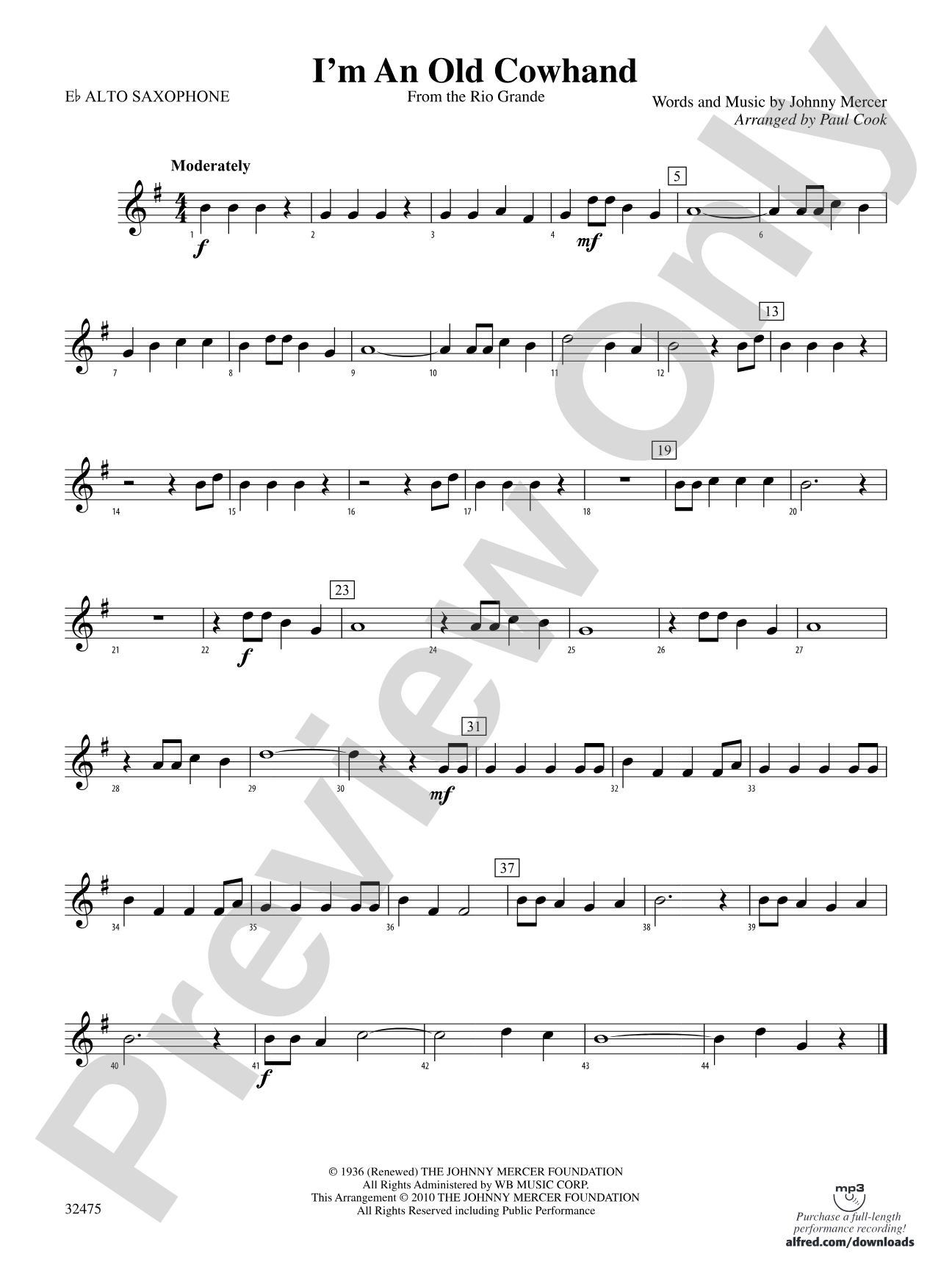 I'm an Old Cowhand (from the Rio Grande): E-flat Alto Saxophone