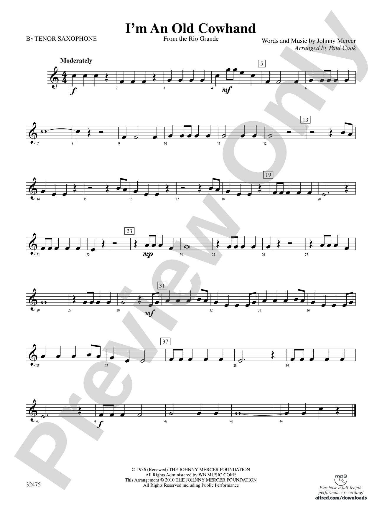 I'm an Old Cowhand (from the Rio Grande): B-flat Tenor Saxophone
