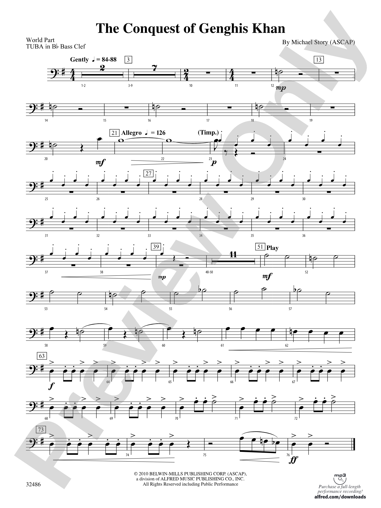 The Conquest of Genghis Khan: (wp) B-flat Tuba B.C.