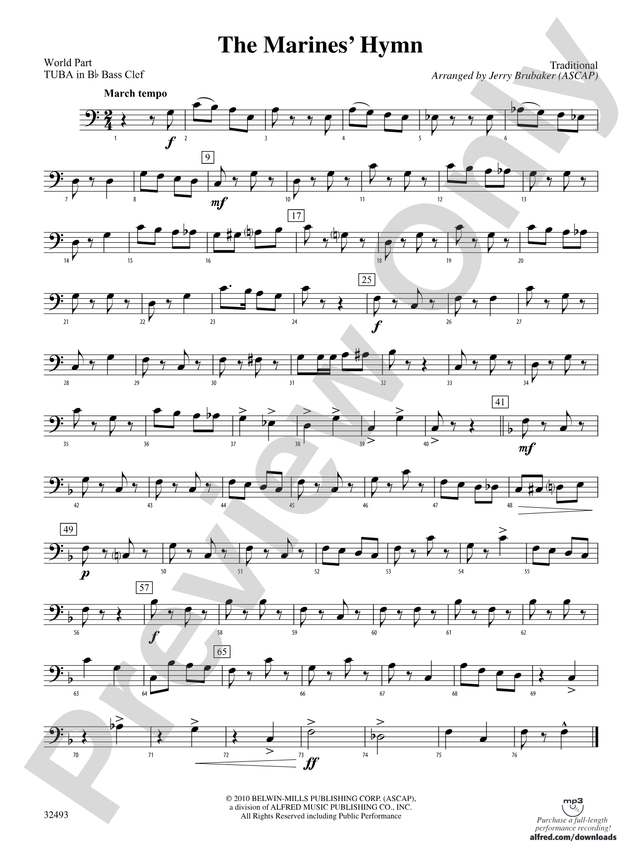 The Marines' Hymn: (wp) B-flat Tuba B.C.