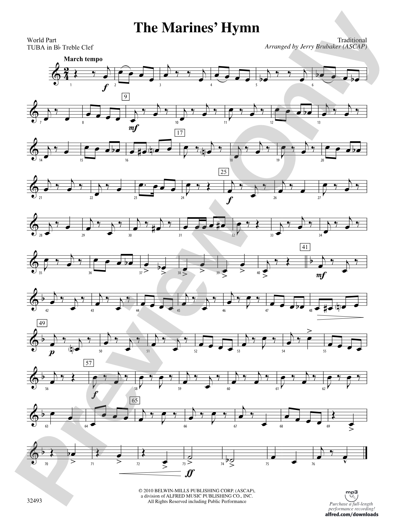 The Marines' Hymn: (wp) B-flat Tuba T.C.