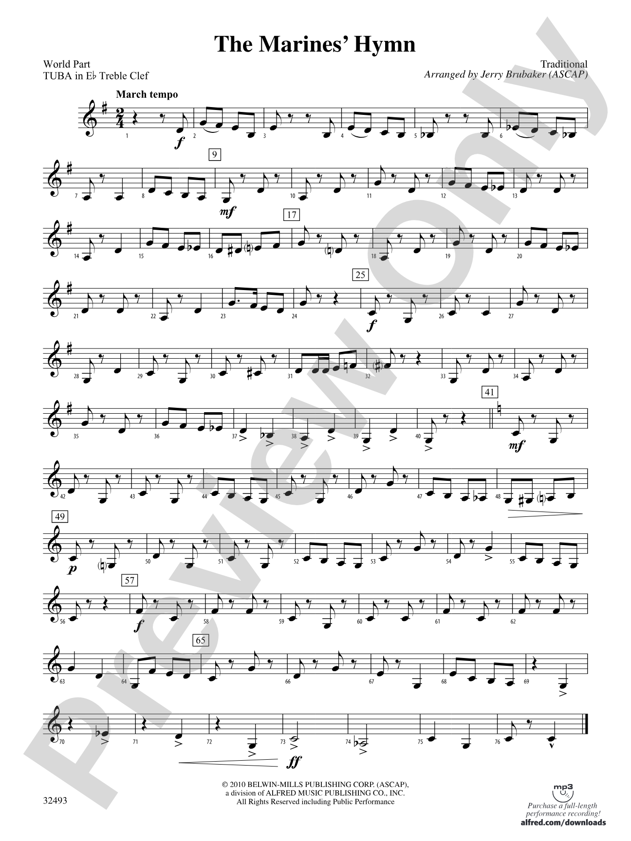 The Marines' Hymn: (wp) E-flat Tuba T.C.