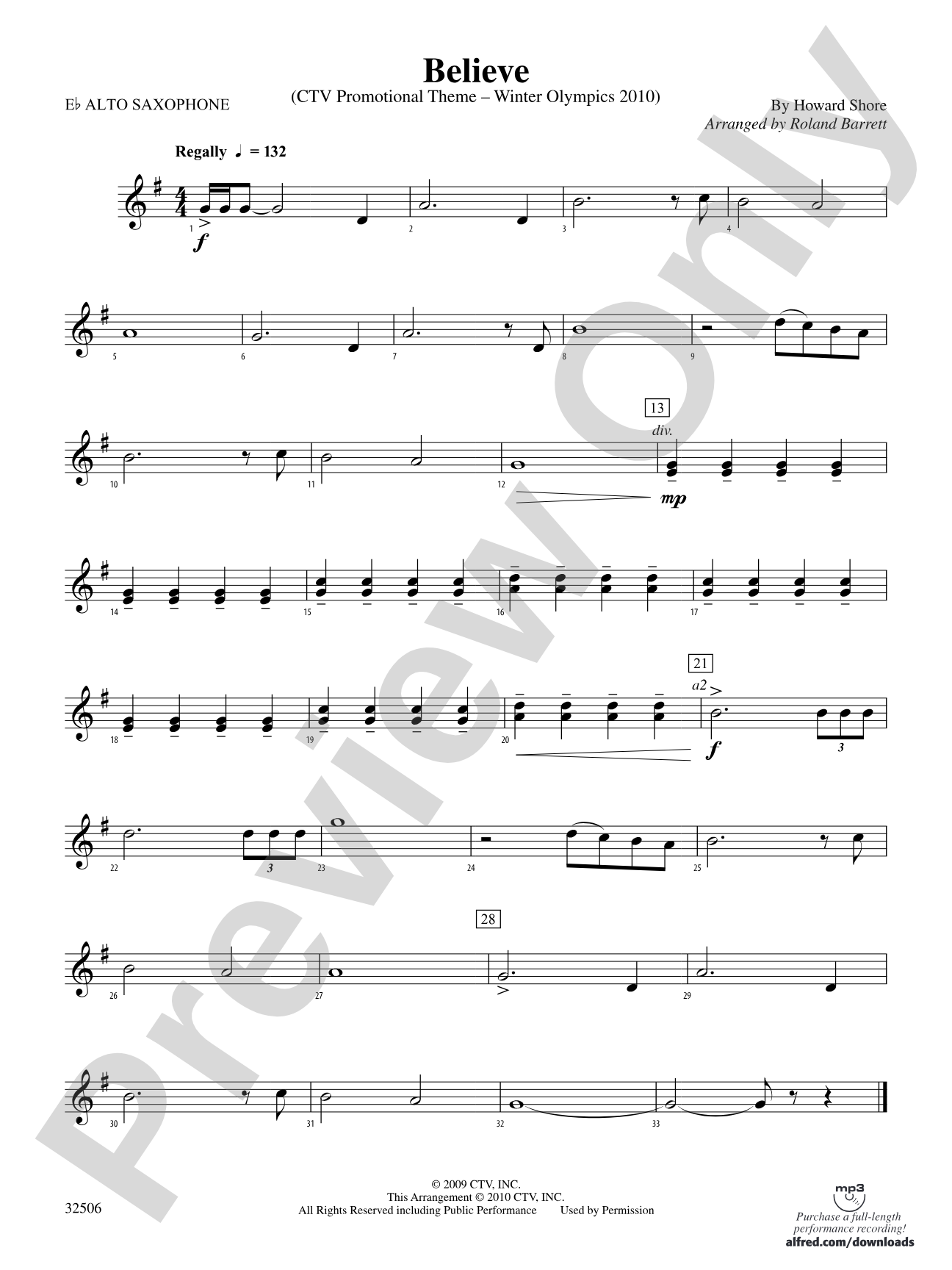 Believe (Winter Olympics 2010): E-flat Alto Saxophone