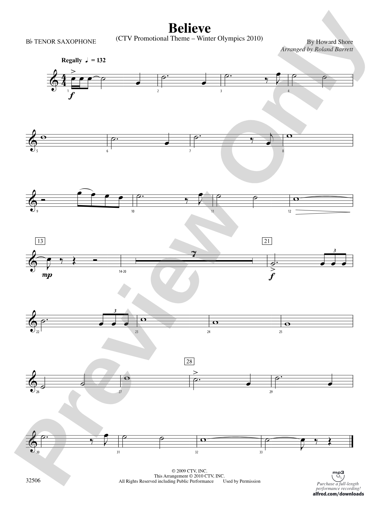 Believe (Winter Olympics 2010): B-flat Tenor Saxophone
