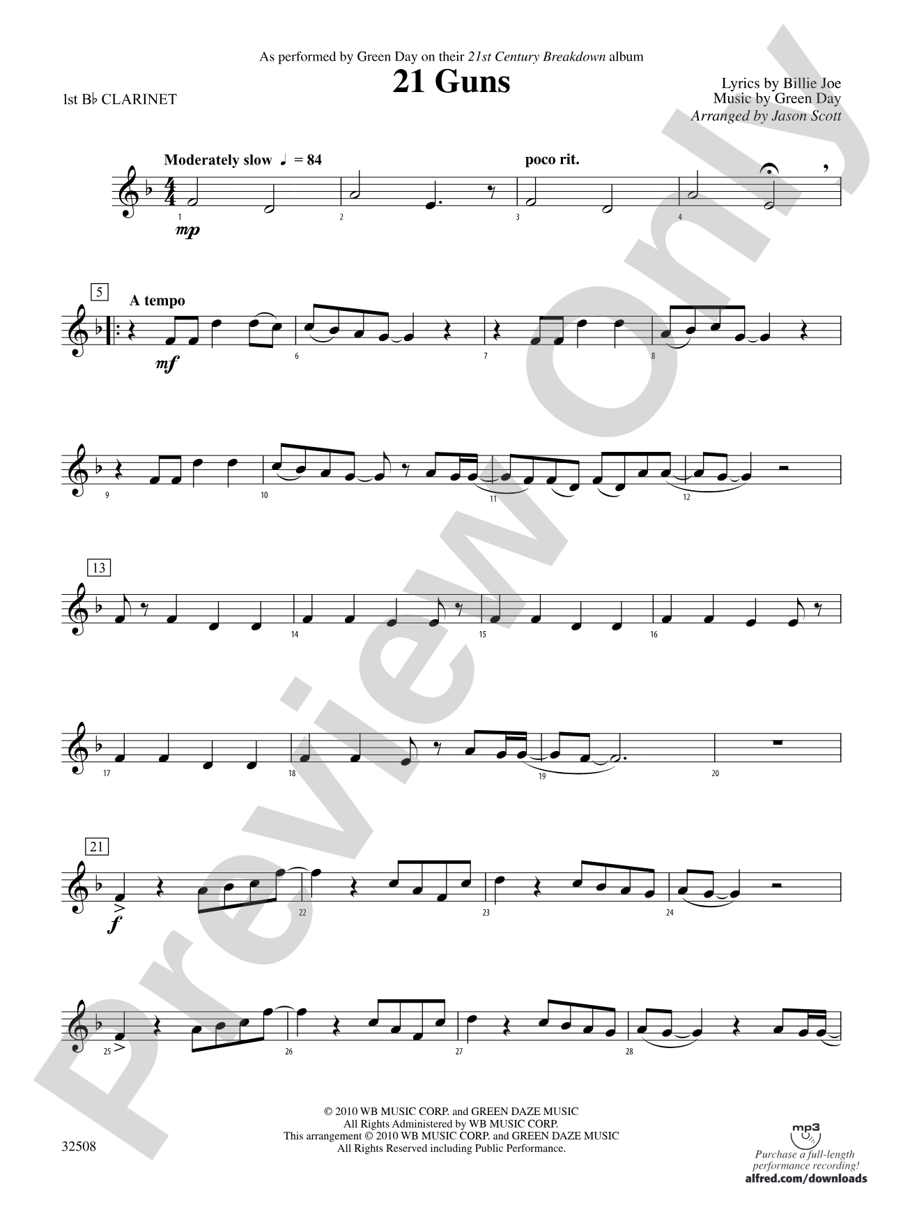 21 Guns: 1st B-flat Clarinet