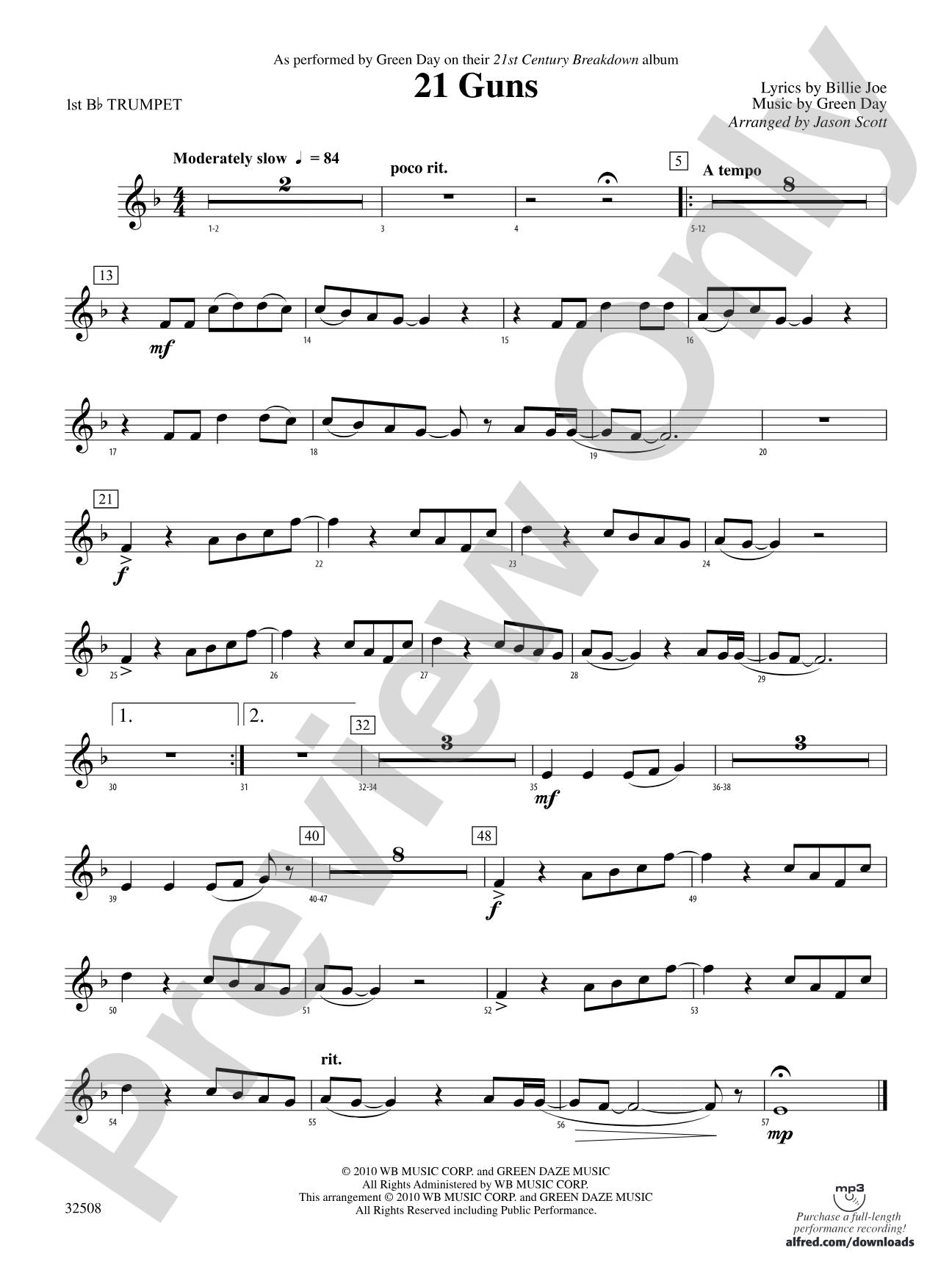 21 Guns: 1st B-flat Trumpet