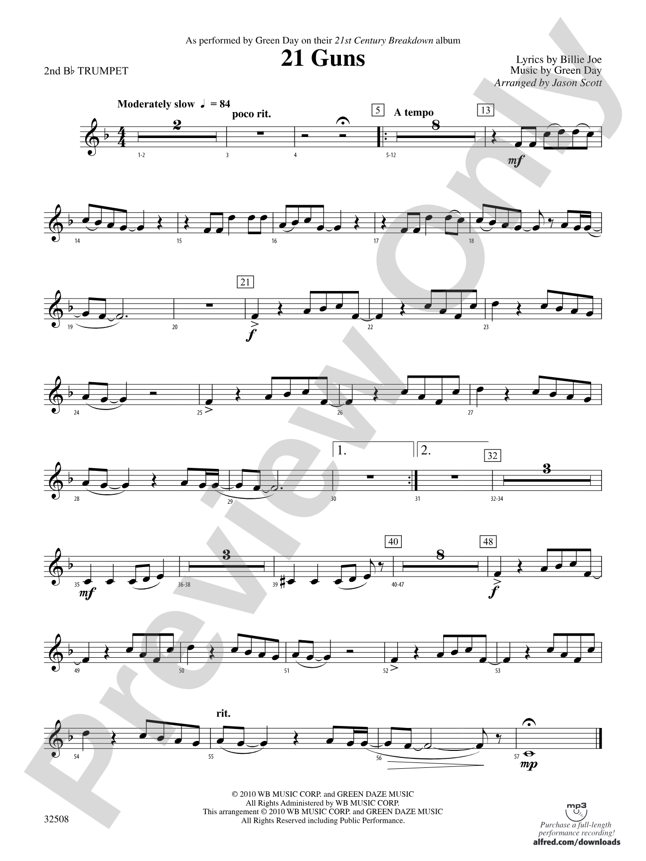 21 Guns: 2nd B-flat Trumpet