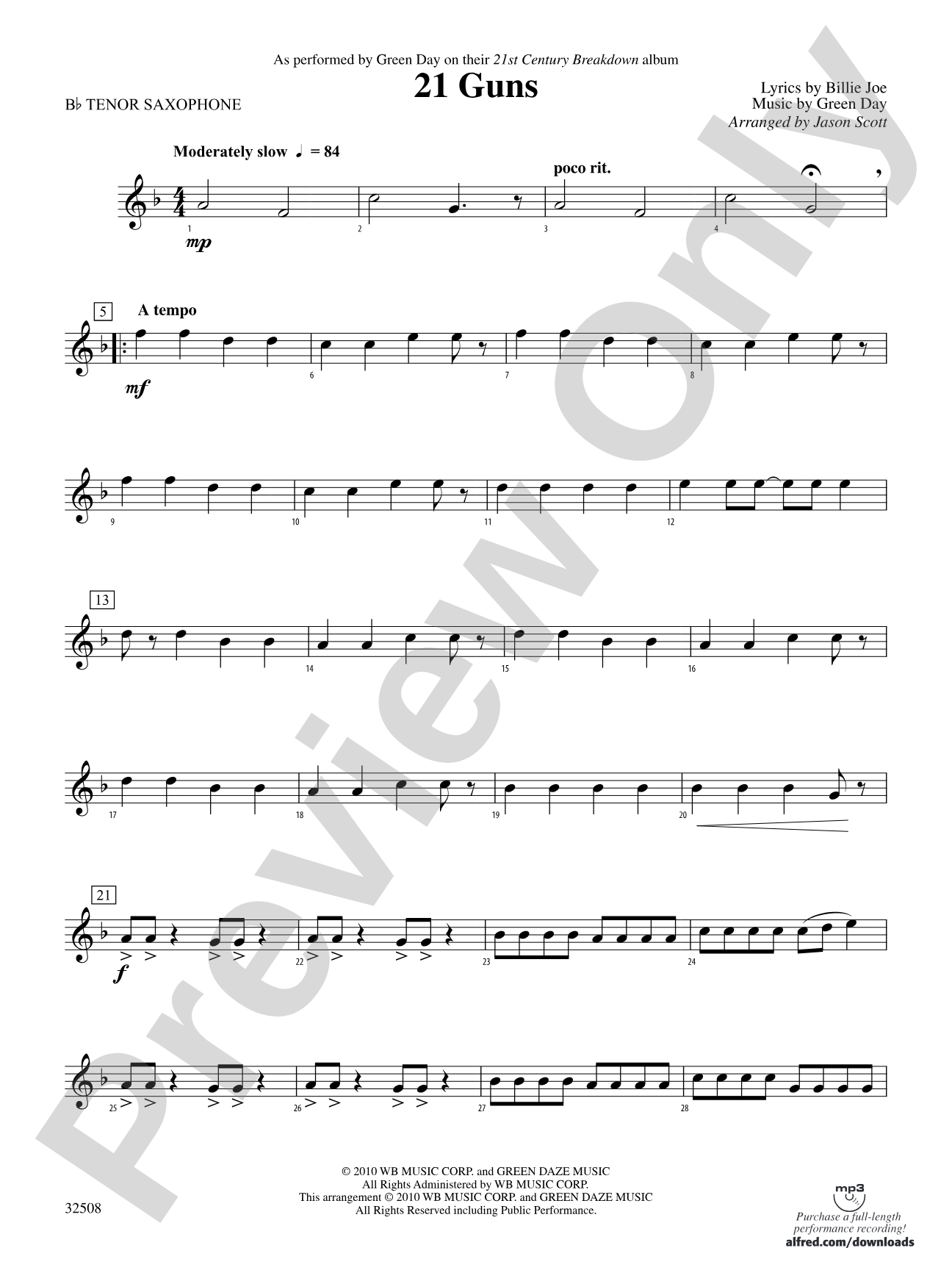 21 Guns: B-flat Tenor Saxophone