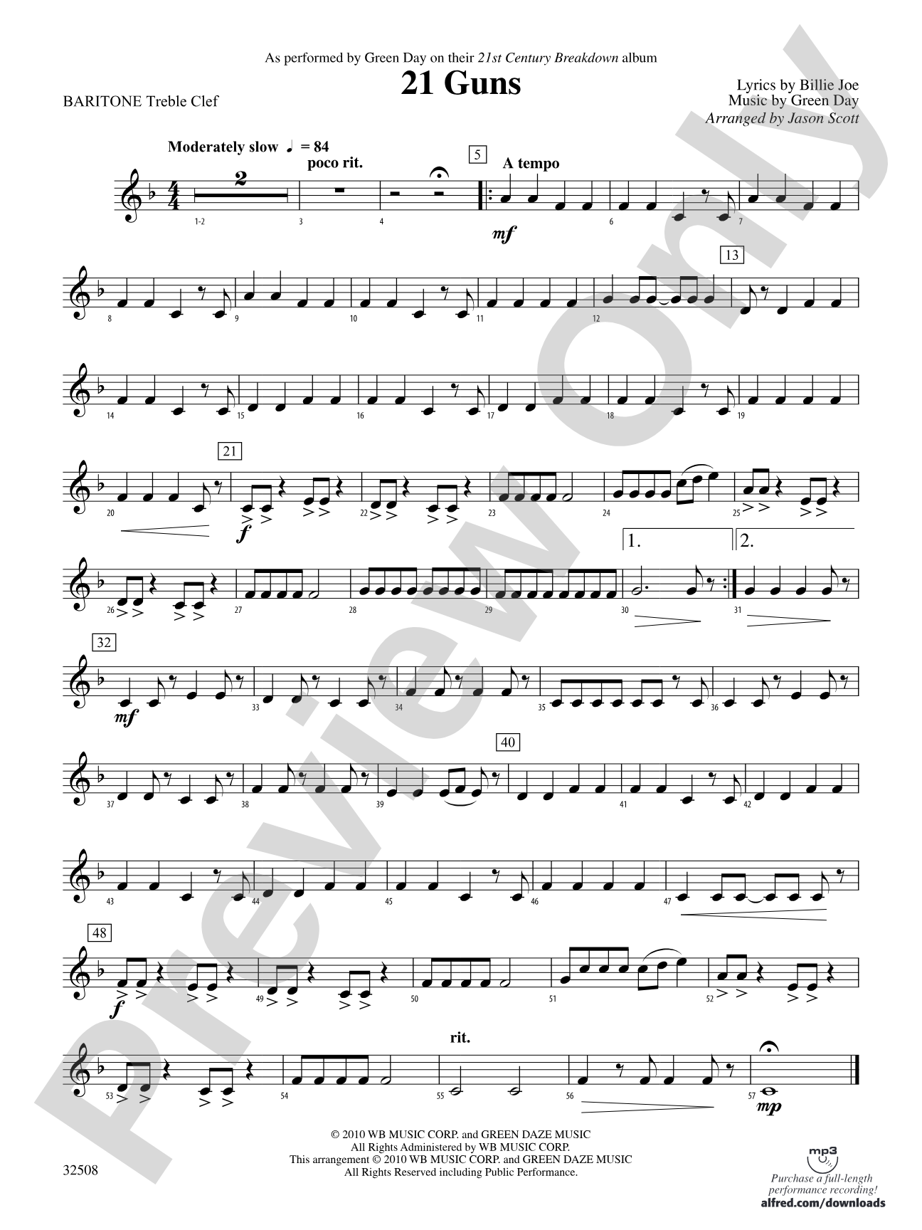 21 Guns: (wp) Baritone T.C.
