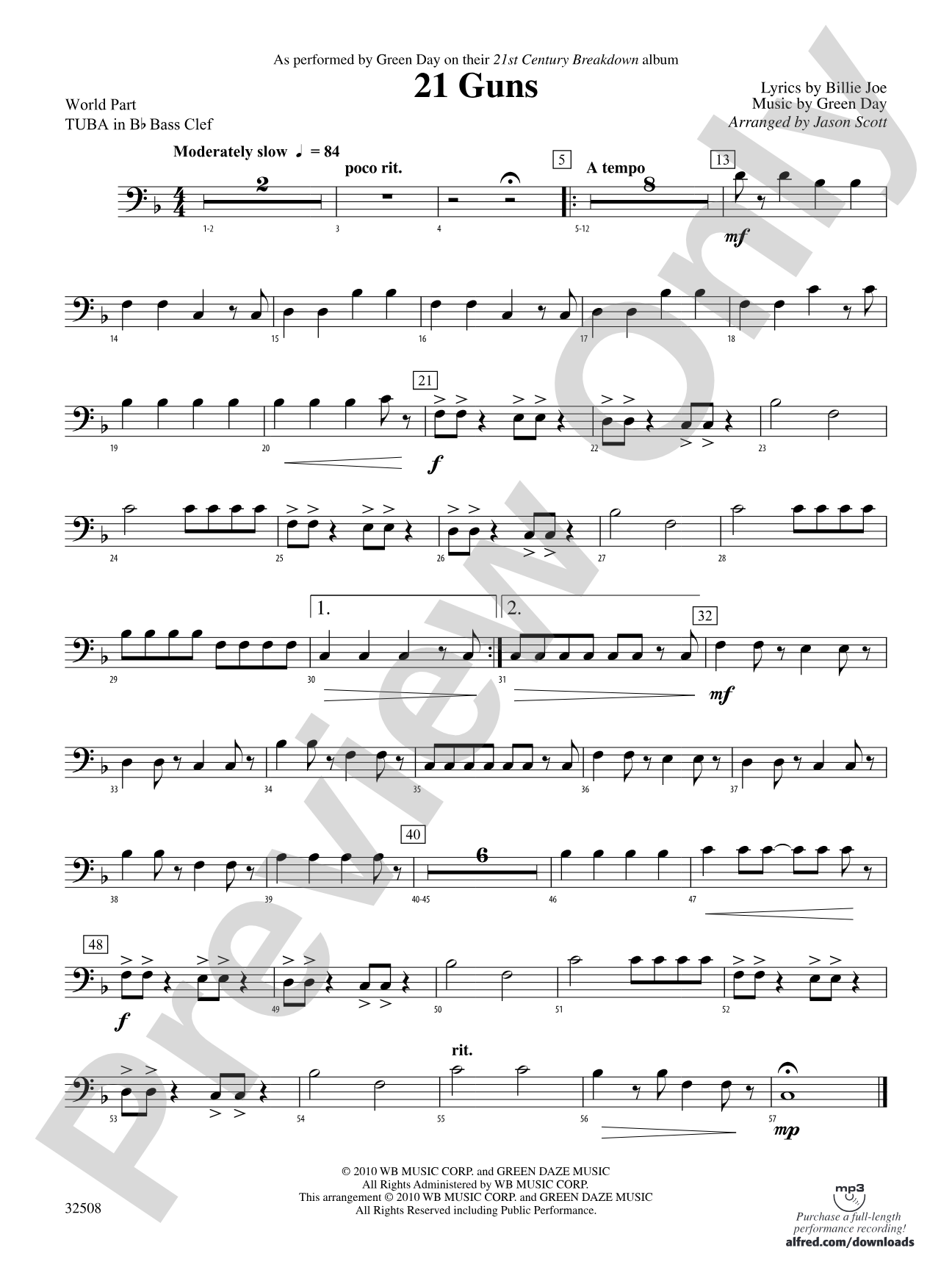 21 Guns: (wp) B-flat Tuba B.C.