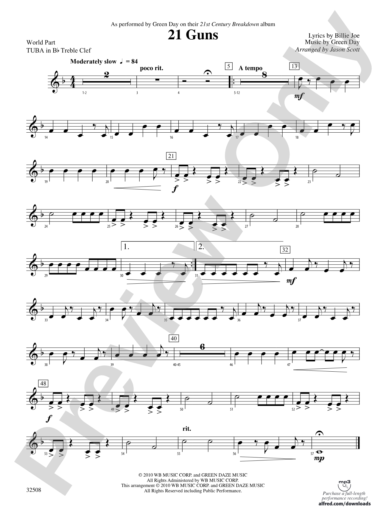 21 Guns: (wp) B-flat Tuba T.C.