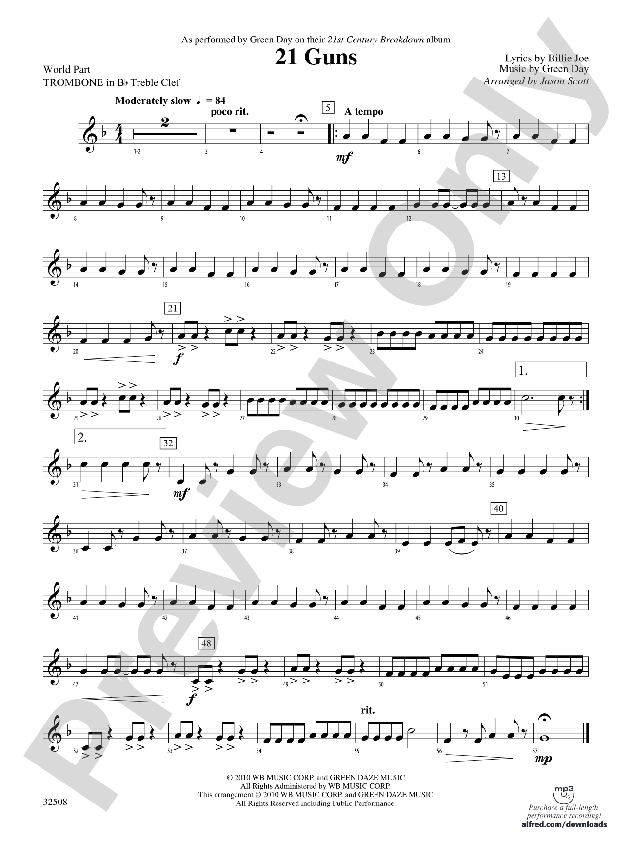 21 Guns: (wp) 1st B-flat Trombone T.C.