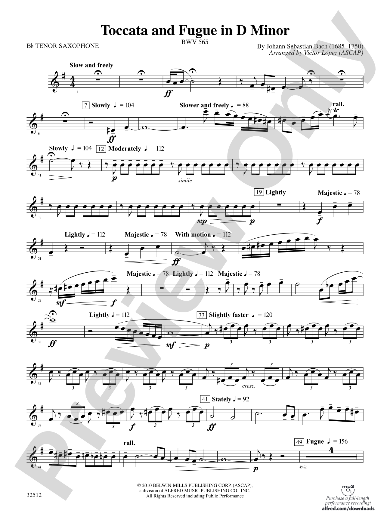 Toccata and Fugue in D Minor: B-flat Tenor Saxophone