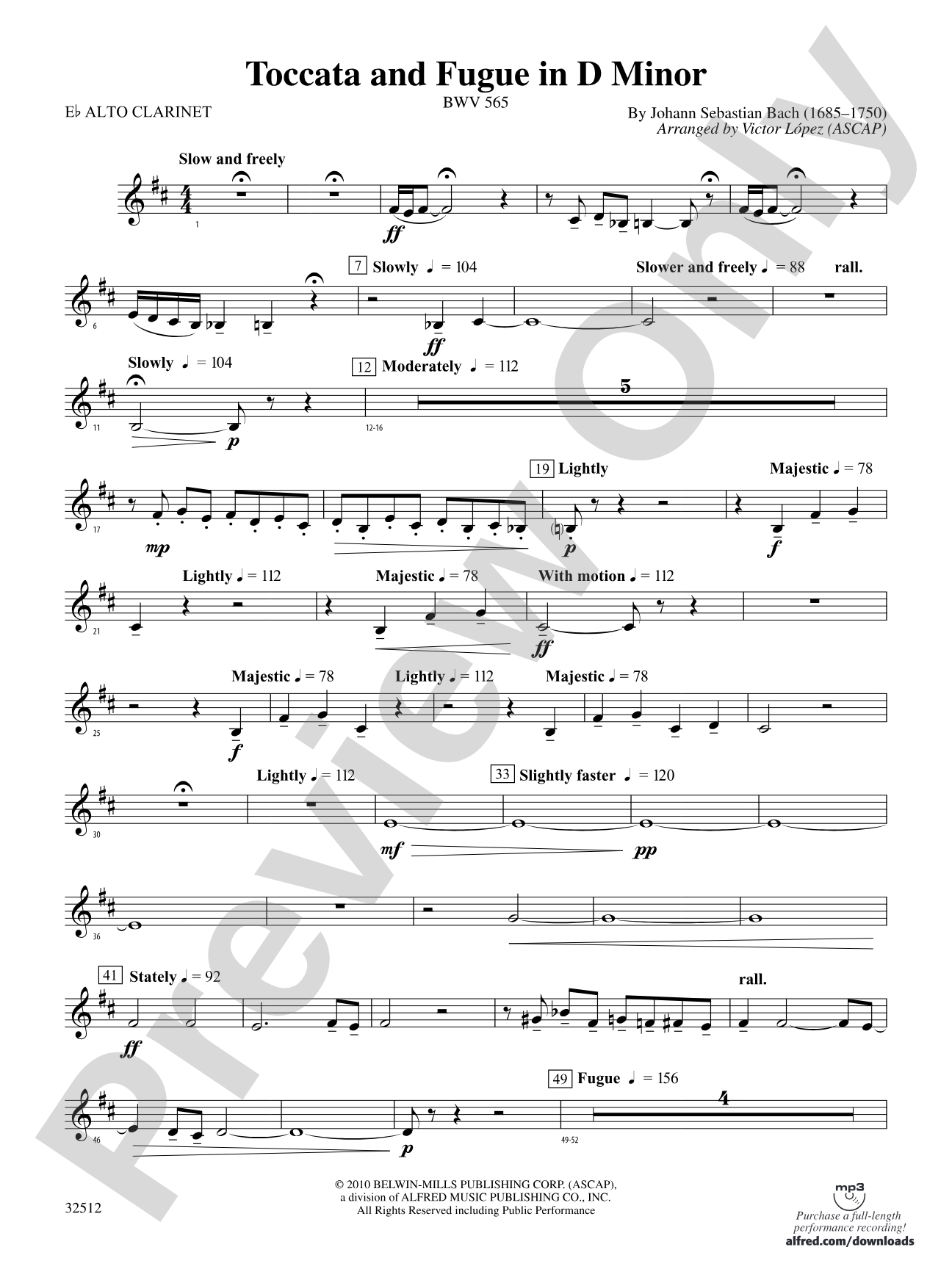 Toccata and Fugue in D Minor: (wp) Eb Alto Clarinet