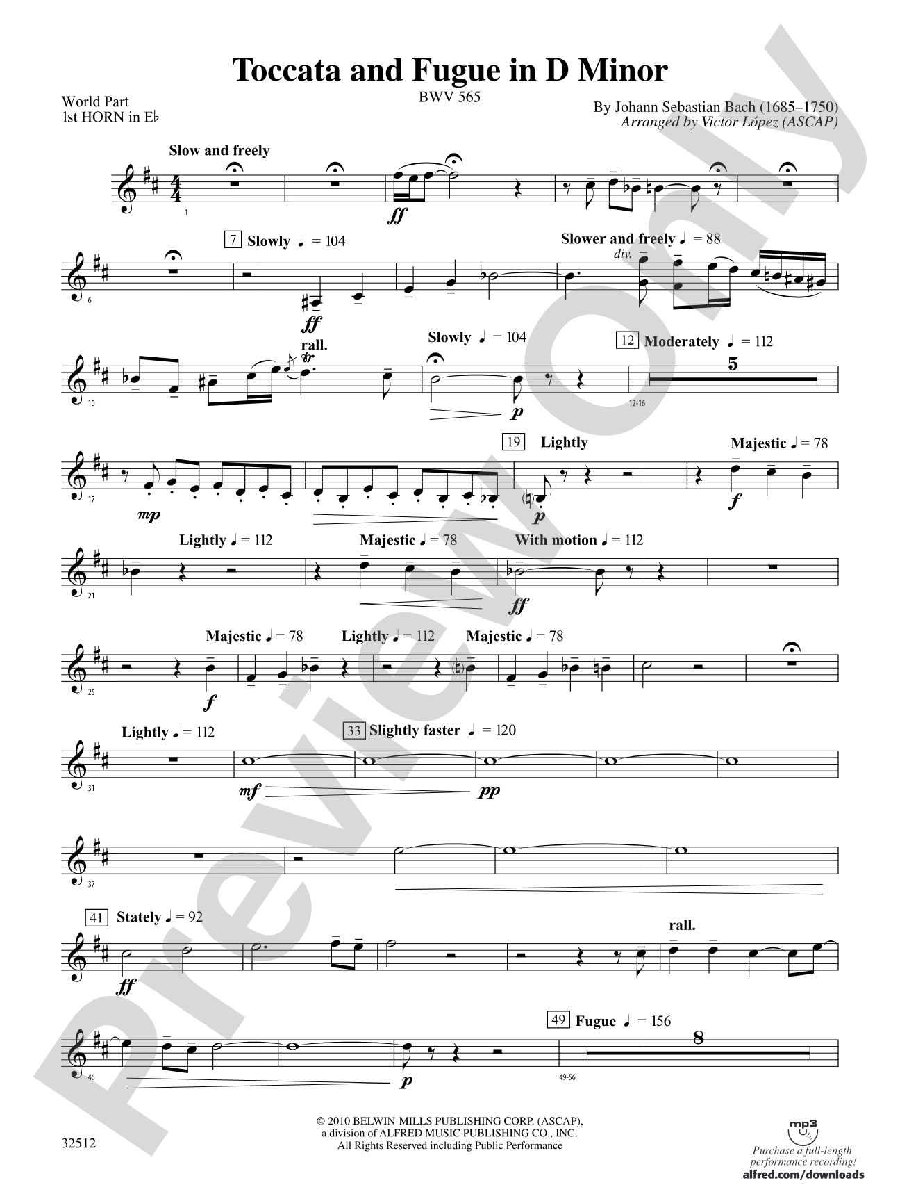 Toccata and Fugue in D Minor: (wp) 1st Horn in E-flat