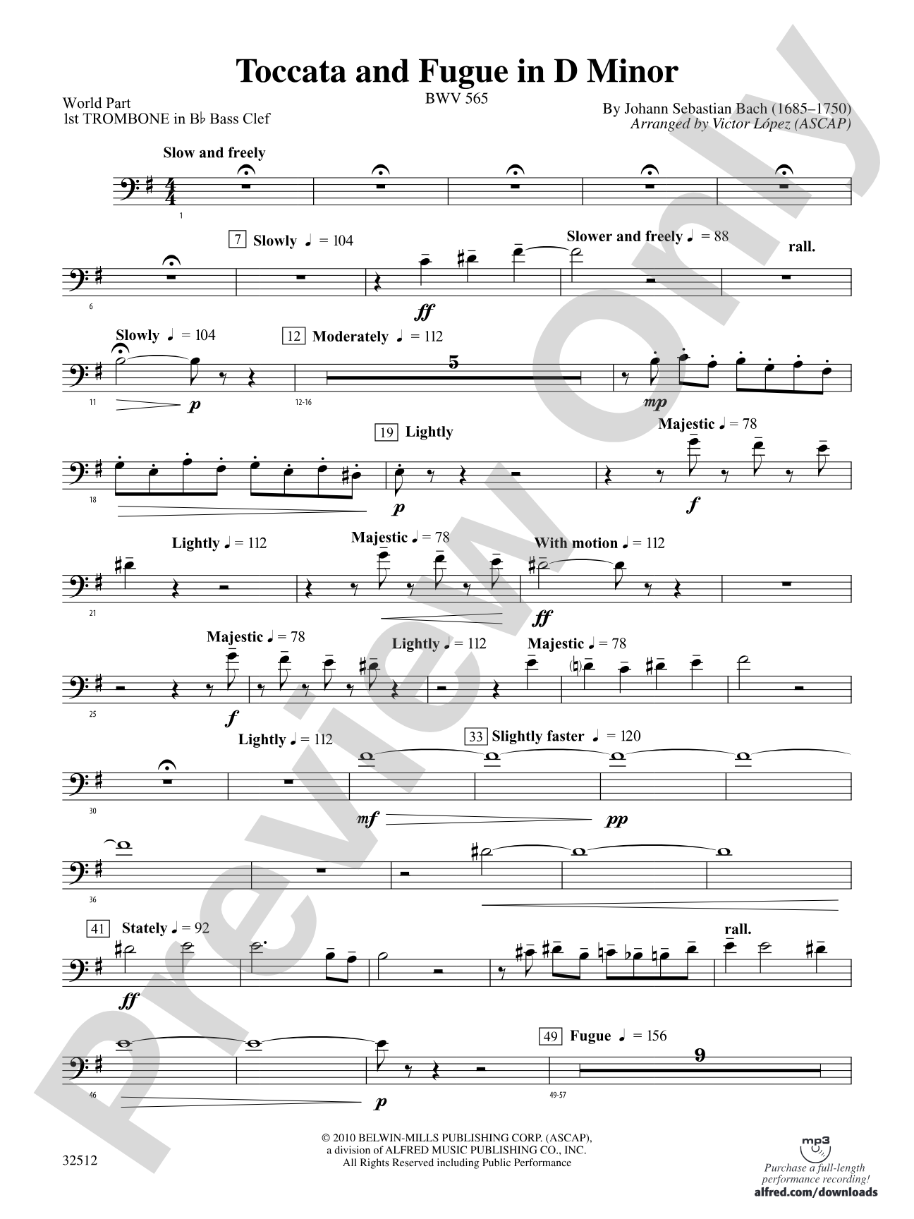 Toccata and Fugue in D Minor: (wp) 1st B-flat Trombone B.C.