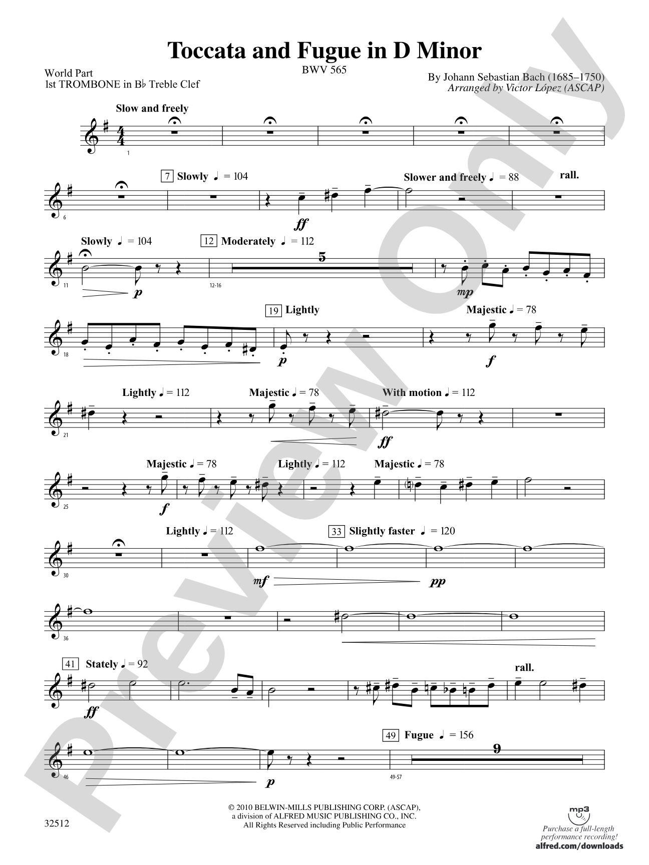 Toccata and Fugue in D Minor: (wp) 1st B-flat Trombone T.C.