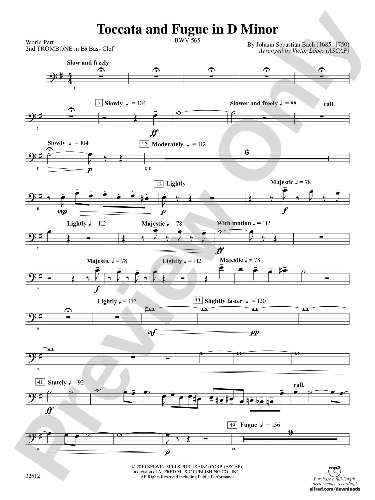 Toccata and Fugue in D Minor: (wp) 2nd B-flat Trombone B.C.