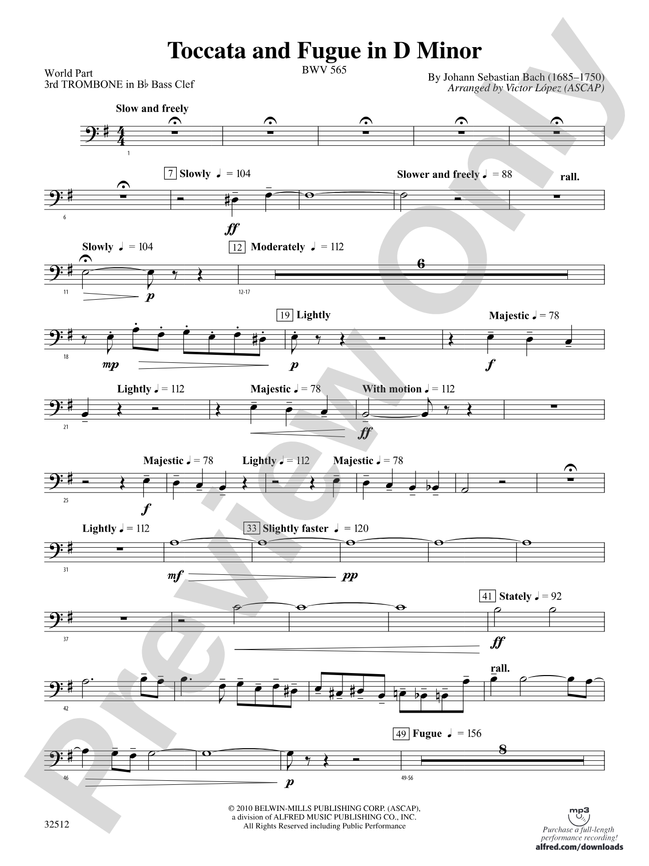 Toccata and Fugue in D Minor: (wp) 3rd B-flat Trombone B.C.