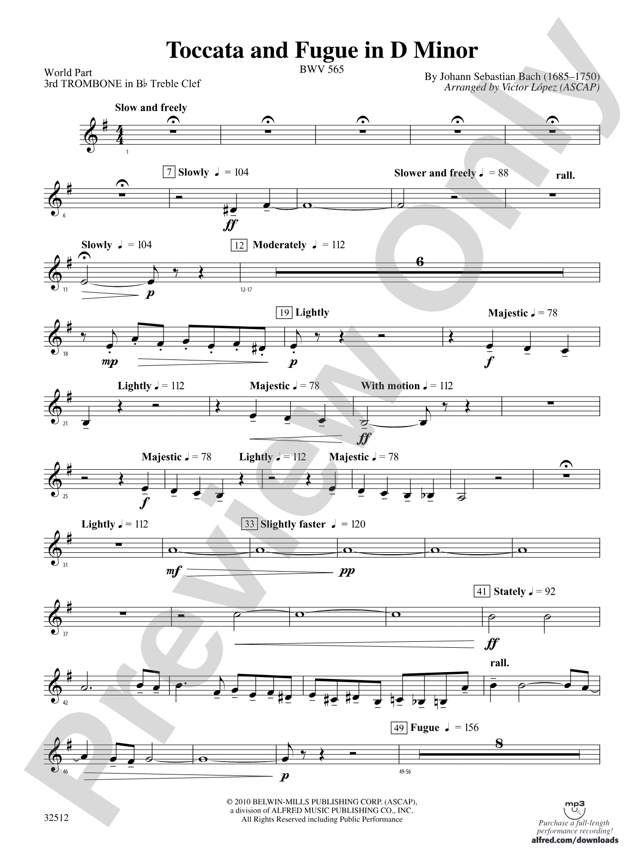 Toccata and Fugue in D Minor: (wp) 3rd B-flat Trombone T.C.