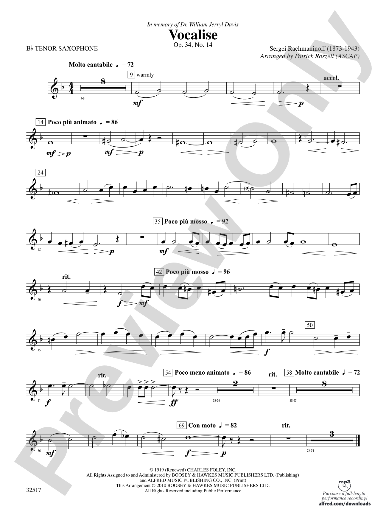 Vocalise, Op. 34, No. 14: B-flat Tenor Saxophone