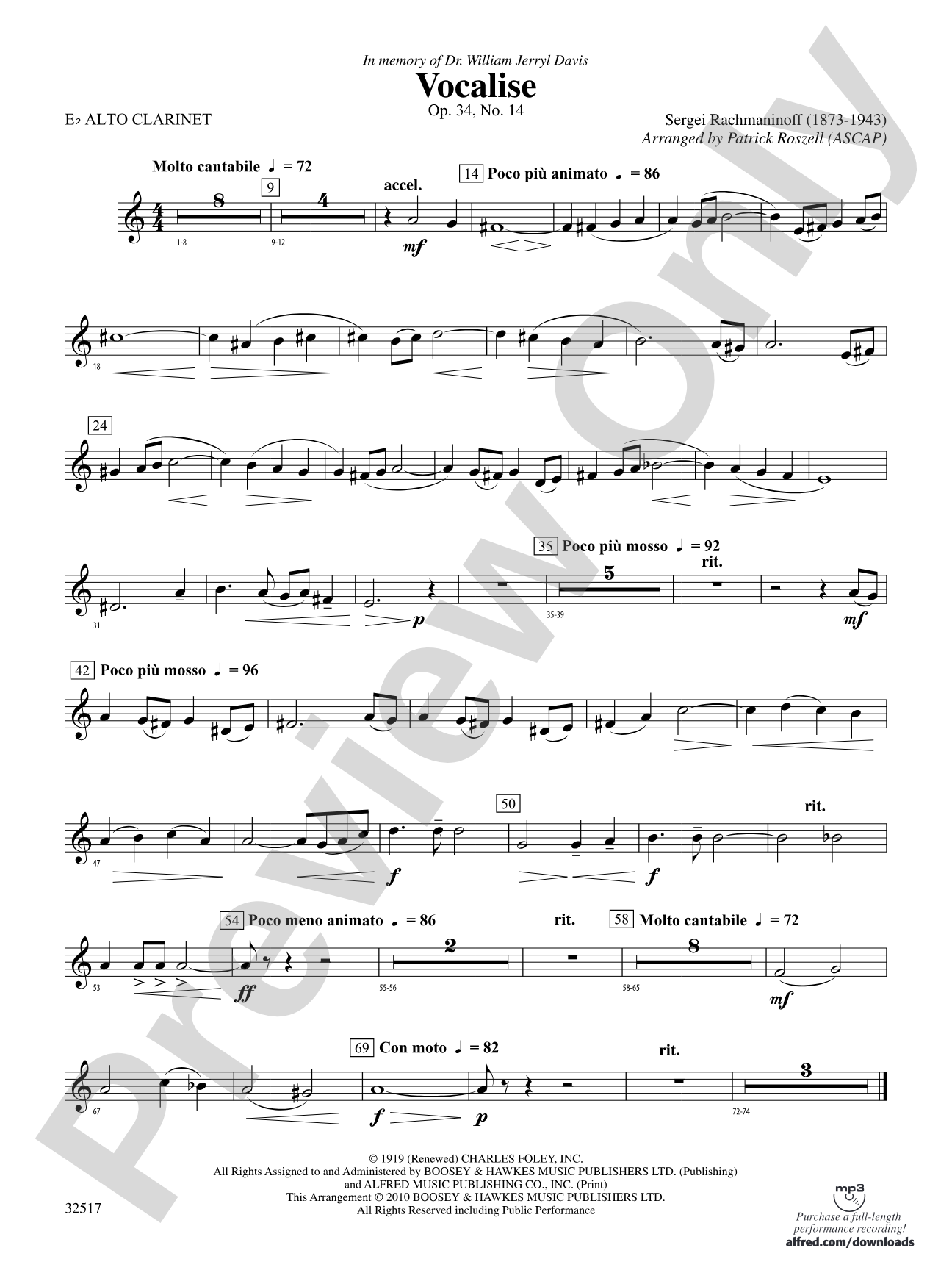 Vocalise, Op. 34, No. 14: (wp) E-flat Alto Clarinet