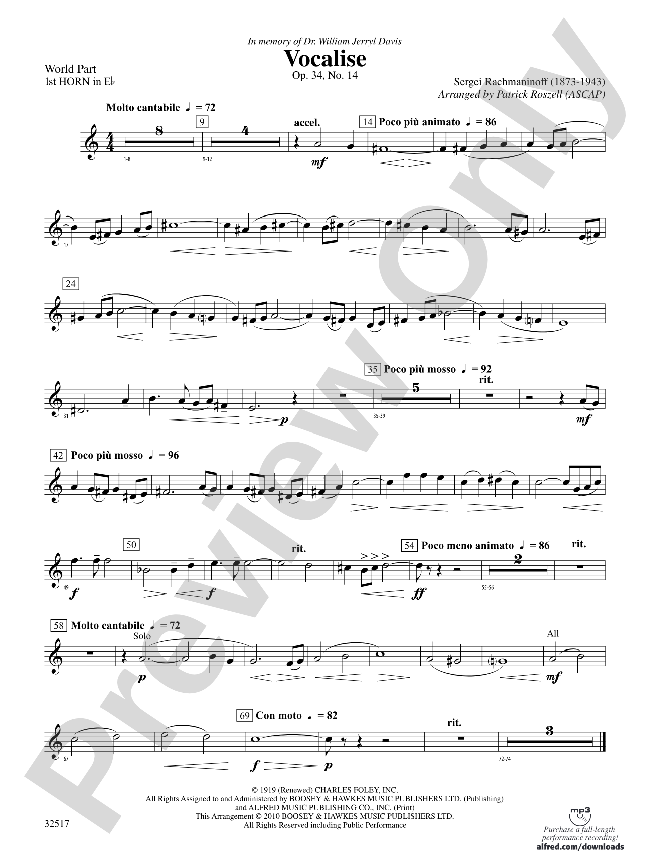 Vocalise, Op. 34, No. 14: (wp) 1st Horn in E-flat