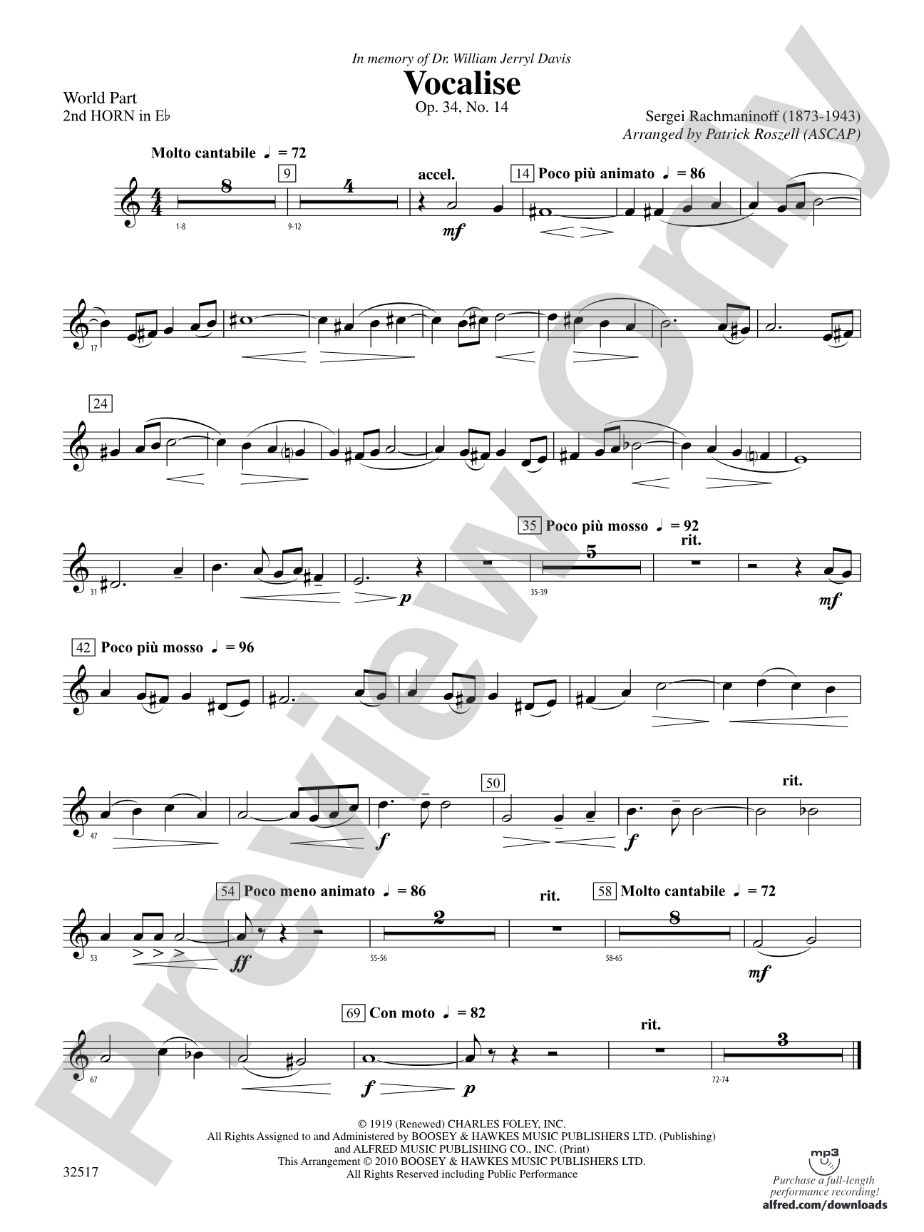 Vocalise, Op. 34, No. 14: (wp) 2nd Horn in E-flat